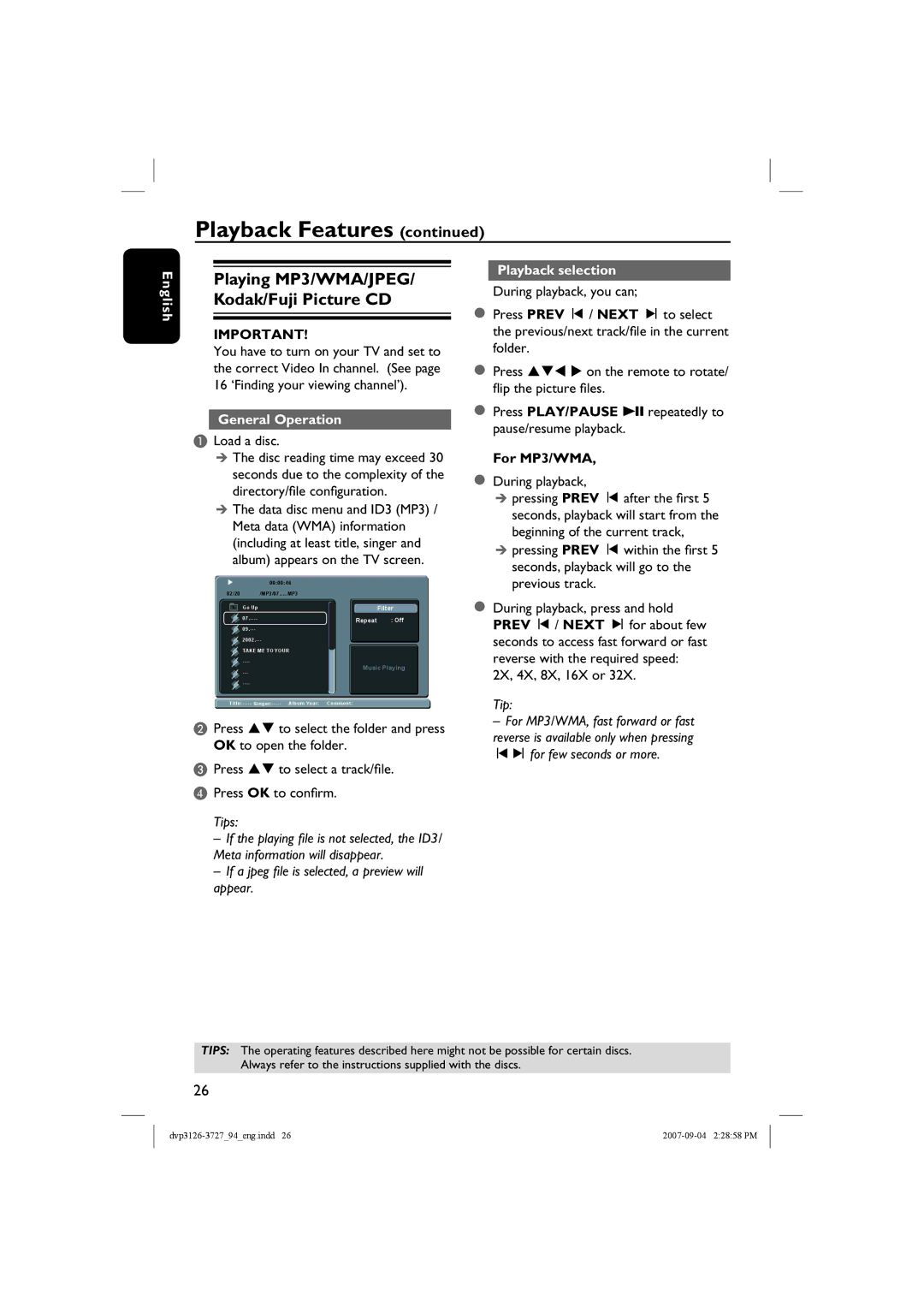 Philips DVP3727X/94 Playing MP3/WMA/JPEG/ Kodak/Fuji Picture CD, General Operation, Load a disc, Playback selection 