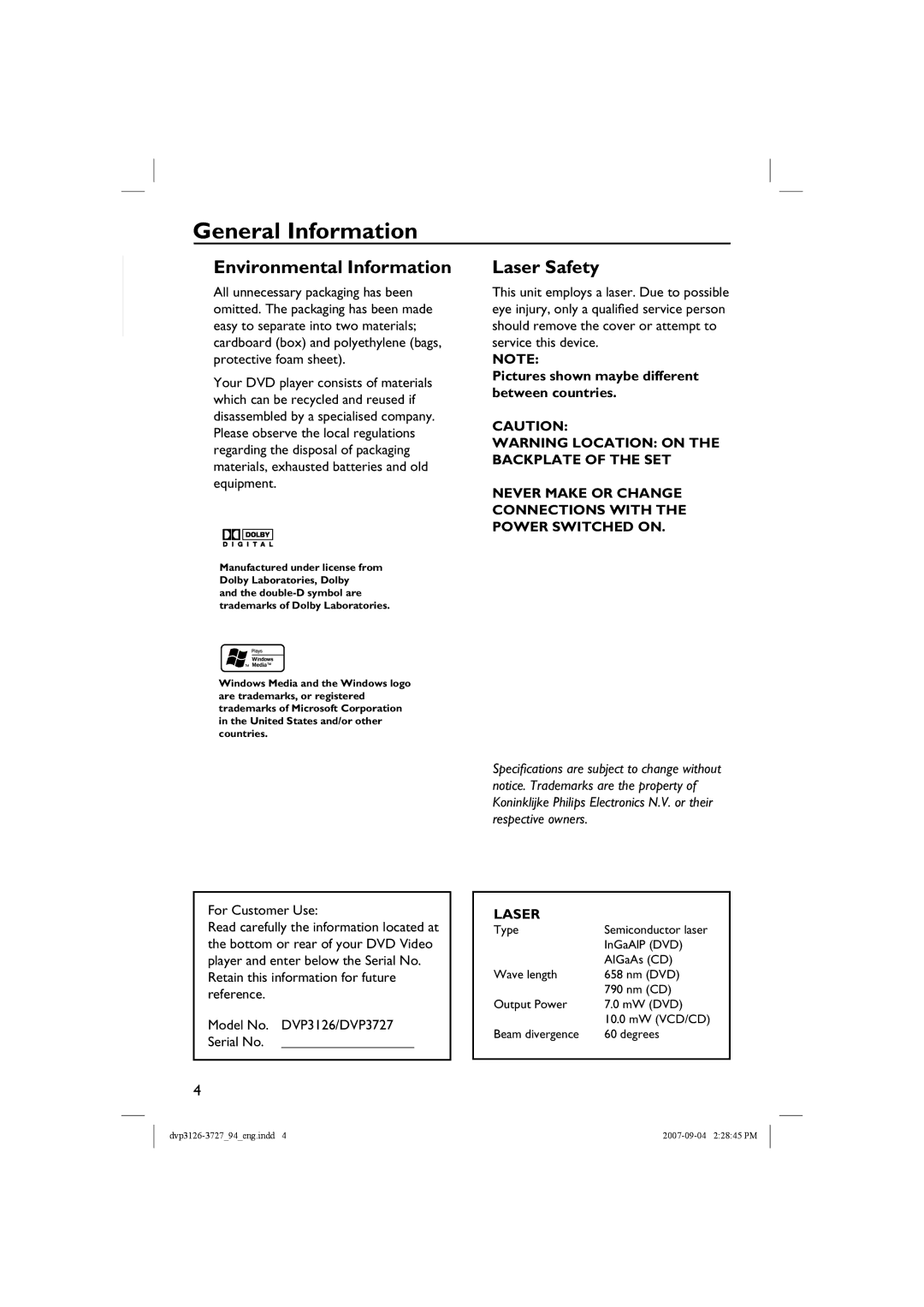 Philips DVP3727X/94 quick start General Information, Pictures shown maybe different between countries, For Customer Use 