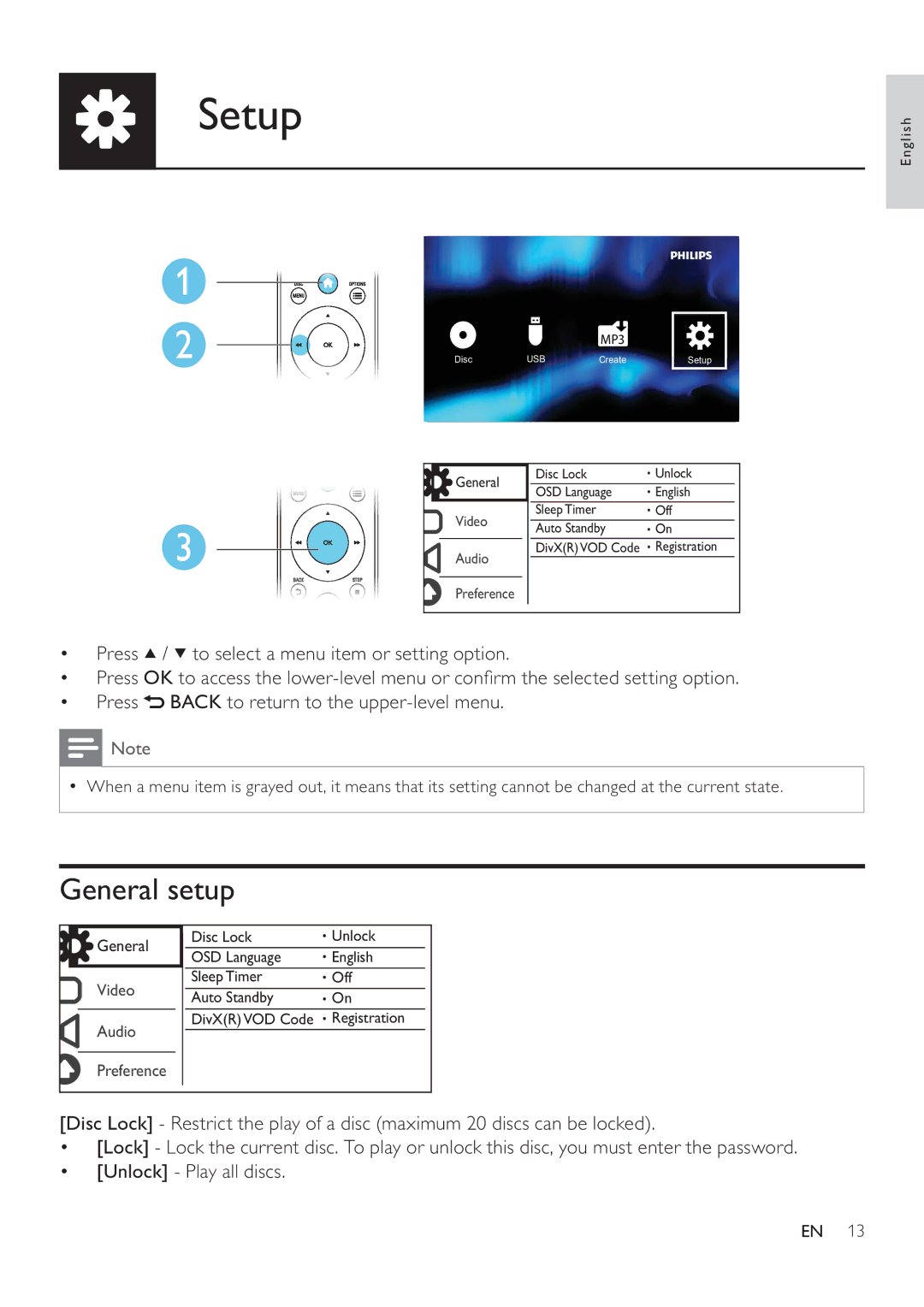 Philips DVP3750 user manual Setup, General setup 