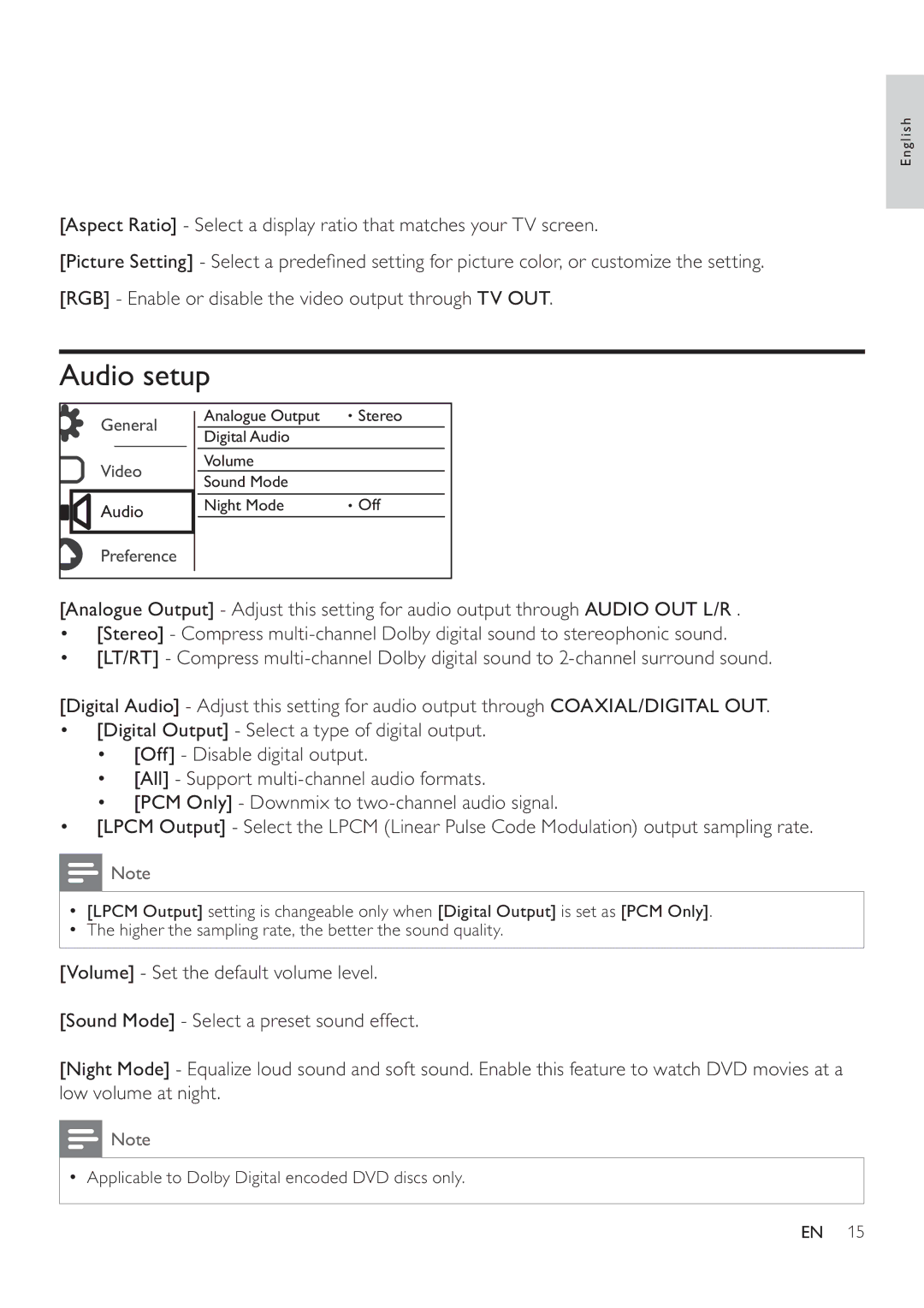 Philips DVP3750 user manual Audio setup 