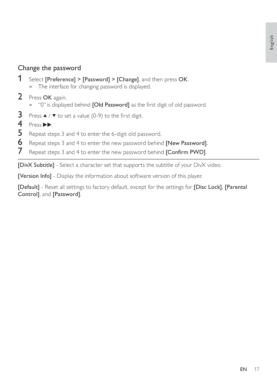 Philips DVP3750 user manual Change the password 