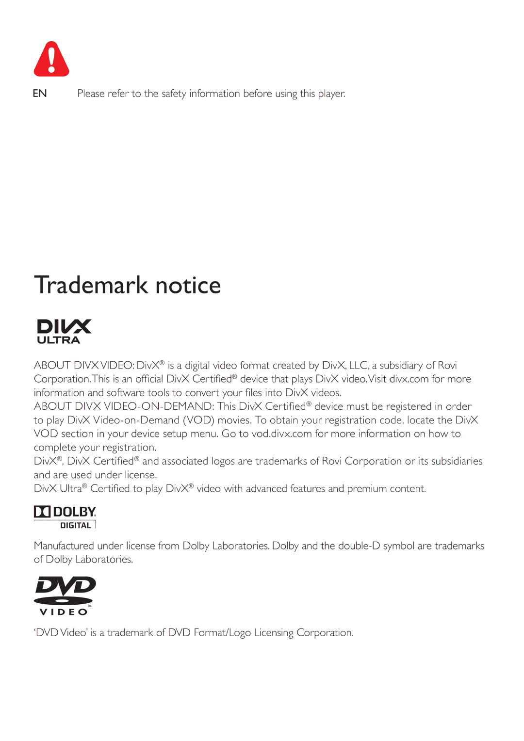 Philips DVP3750 user manual Trademark notice 