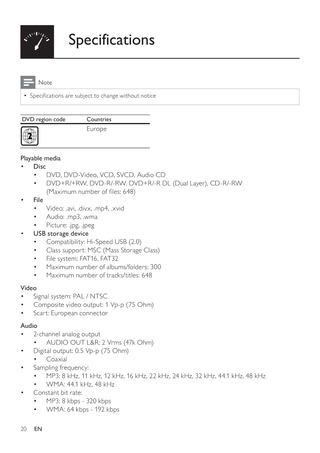 Philips DVP3750 user manual Specifications 