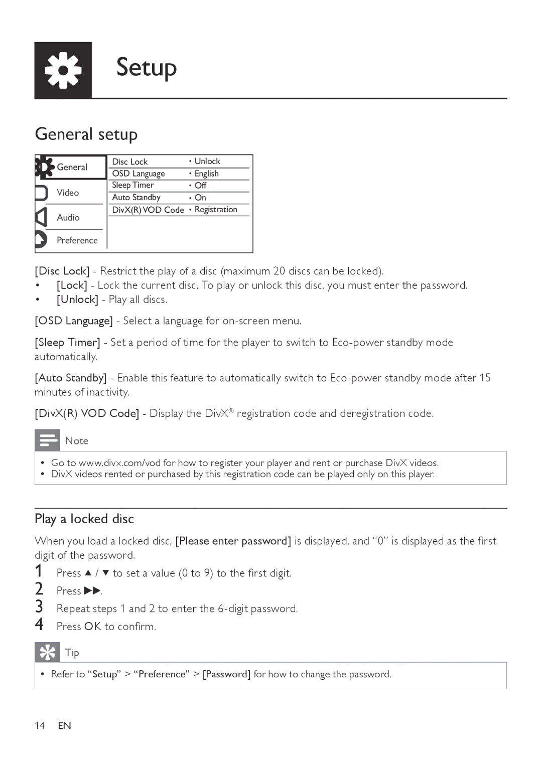 Philips DVP3800 user manual General setup, Play a locked disc 