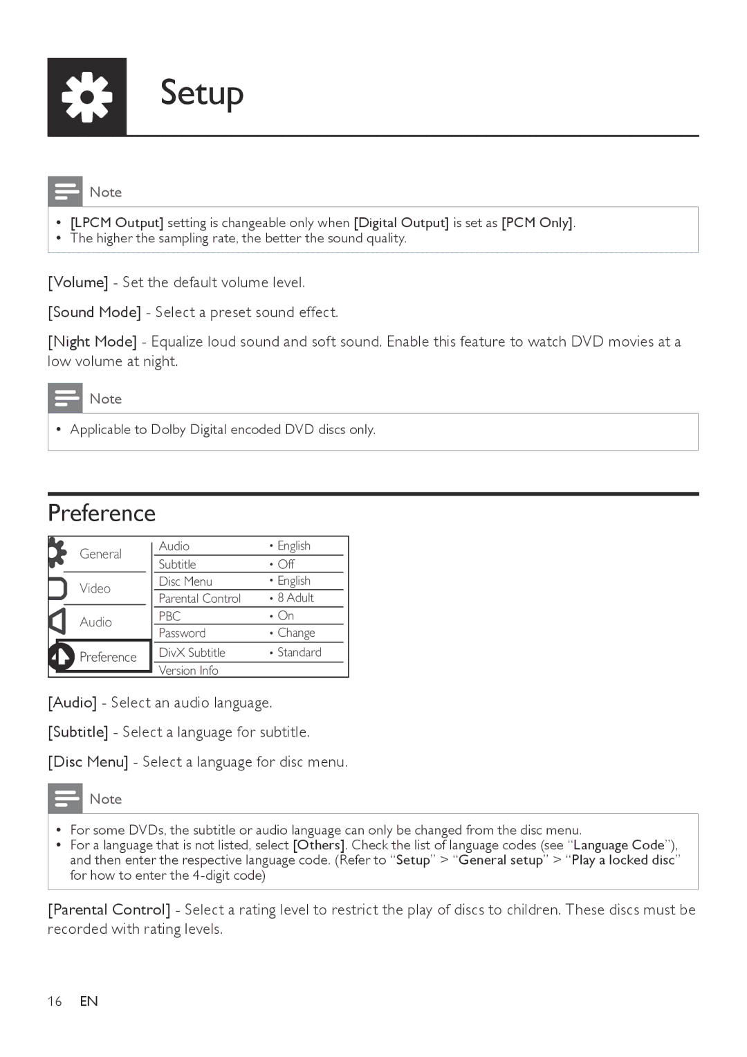 Philips DVP3800 user manual Preference 