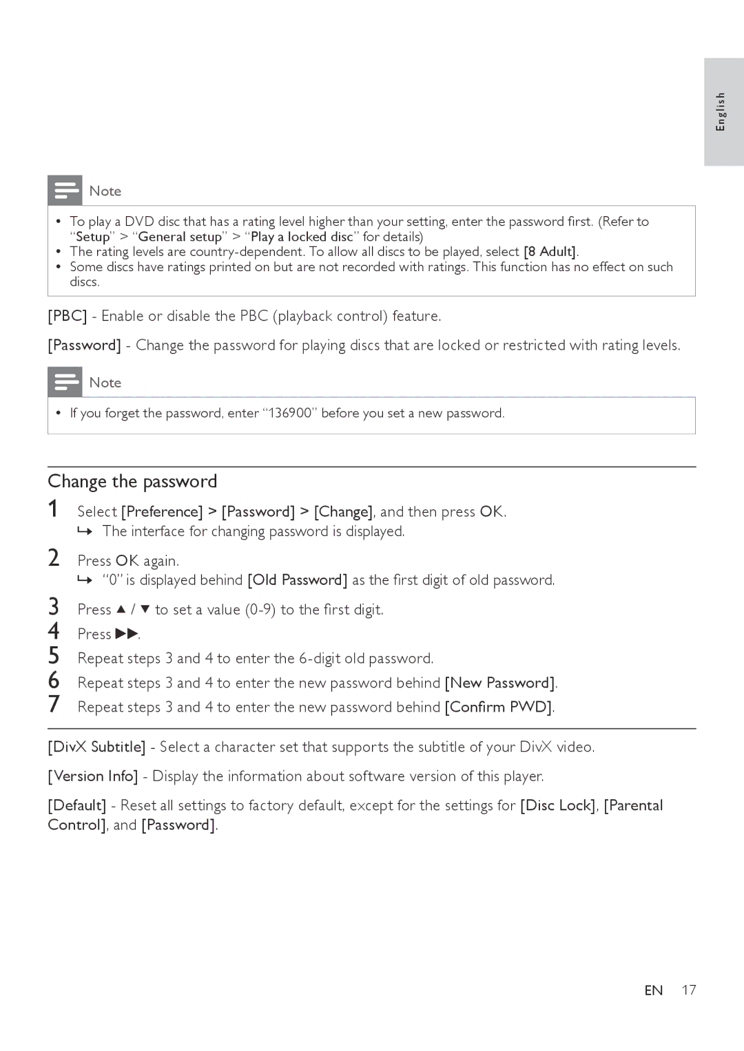 Philips DVP3800 user manual Change the password, PBC Enable or disable the PBC playback control feature 