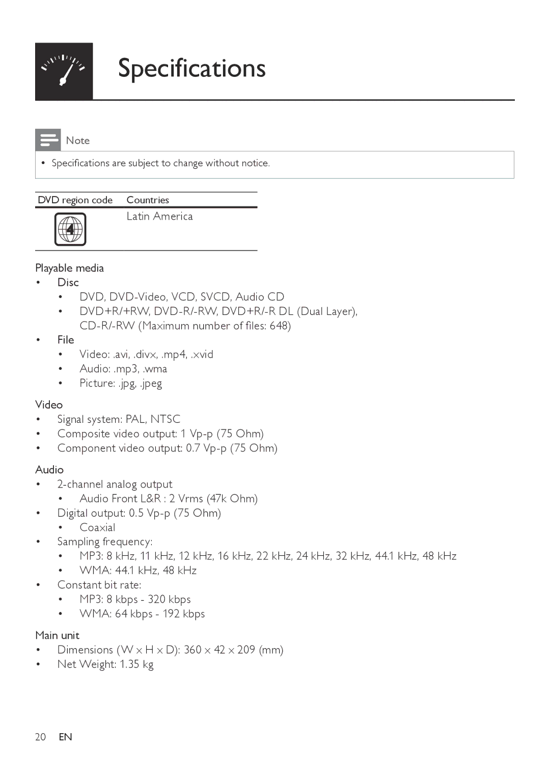 Philips DVP3800 user manual Specifications 