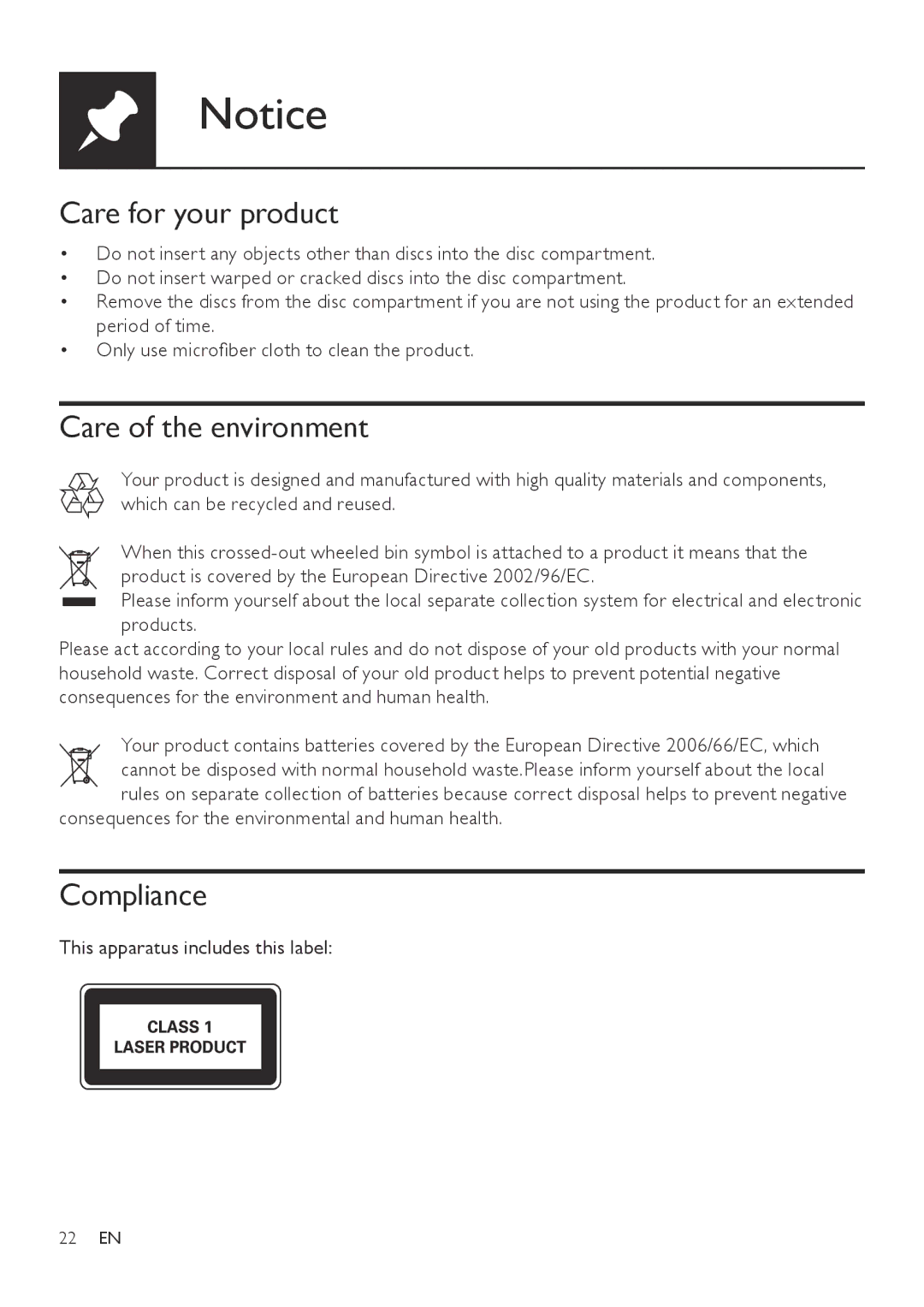 Philips DVP3800 user manual Care for your product, Care of the environment, Compliance, This apparatus includes this label 