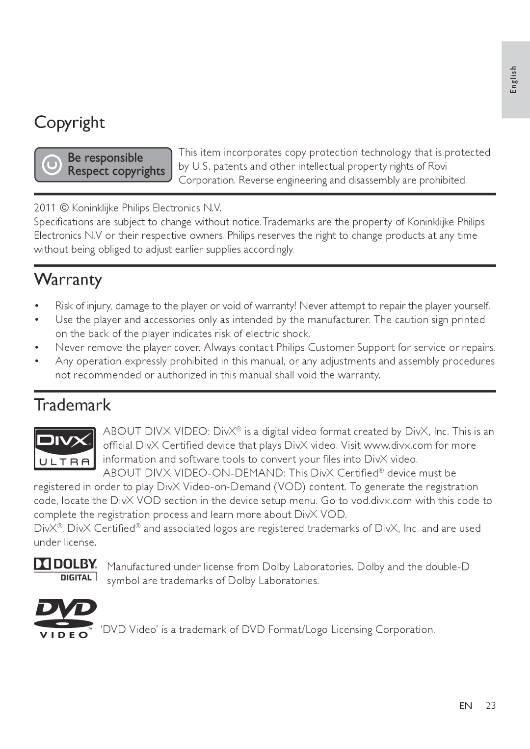 Philips DVP3800 user manual Copyright, Warranty, Trademark 