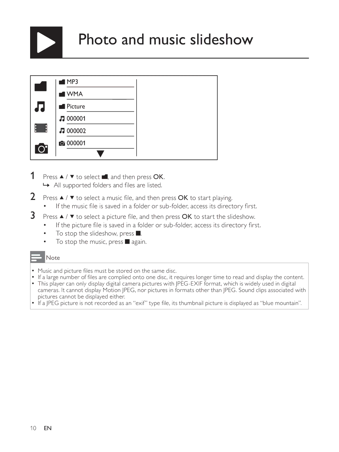 Philips DVP3804 user manual Photo and music slideshow, To stop the music, press 