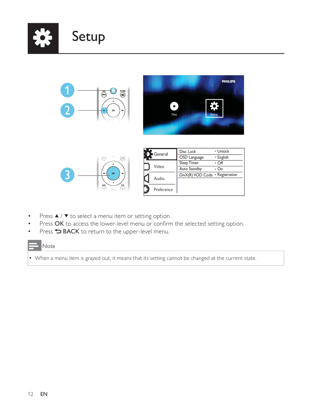 Philips DVP3804 user manual Setup 