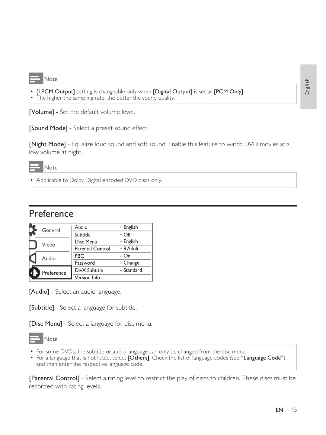 Philips DVP3804 user manual Preference 