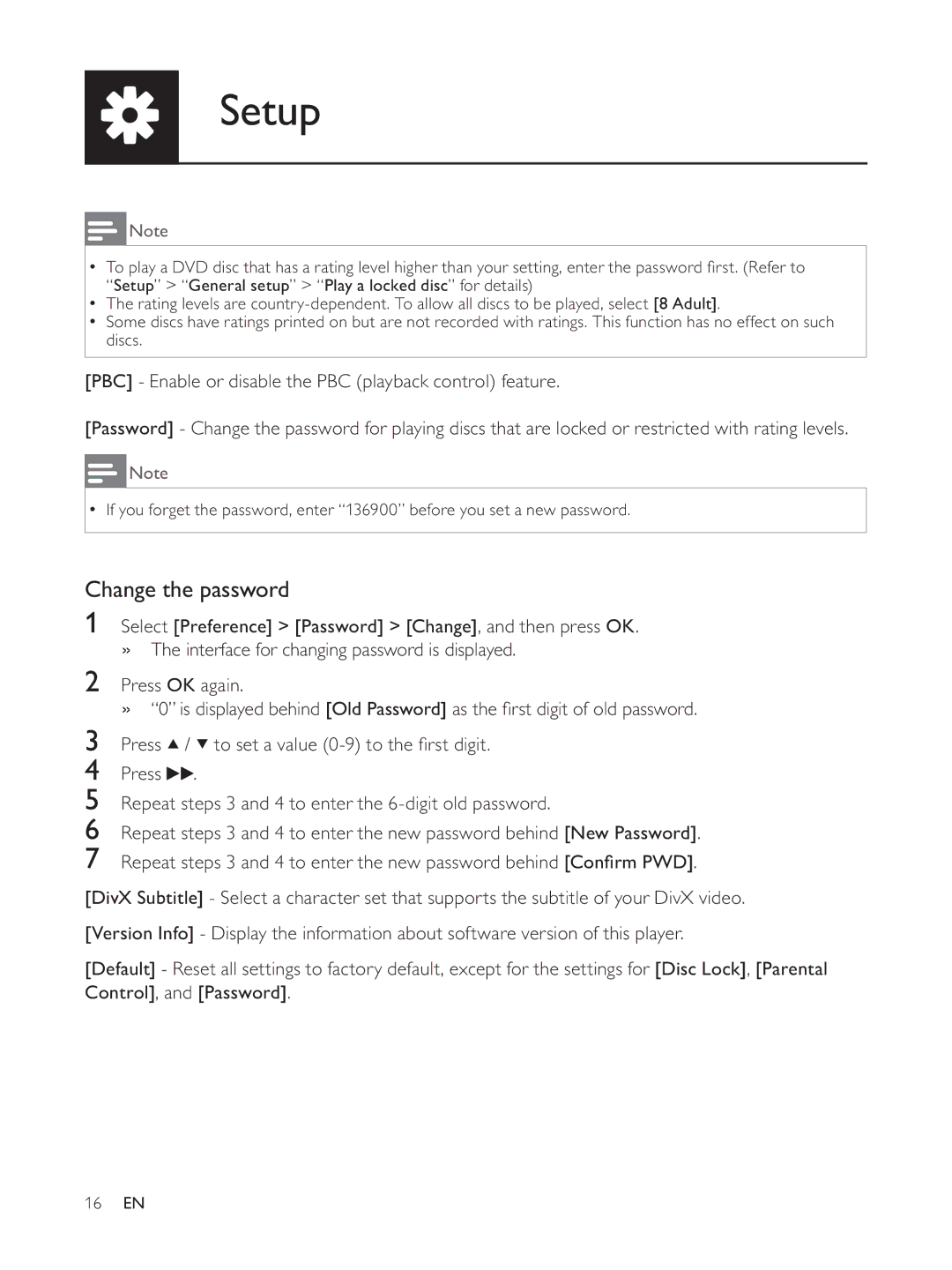 Philips DVP3804 user manual Change the password 