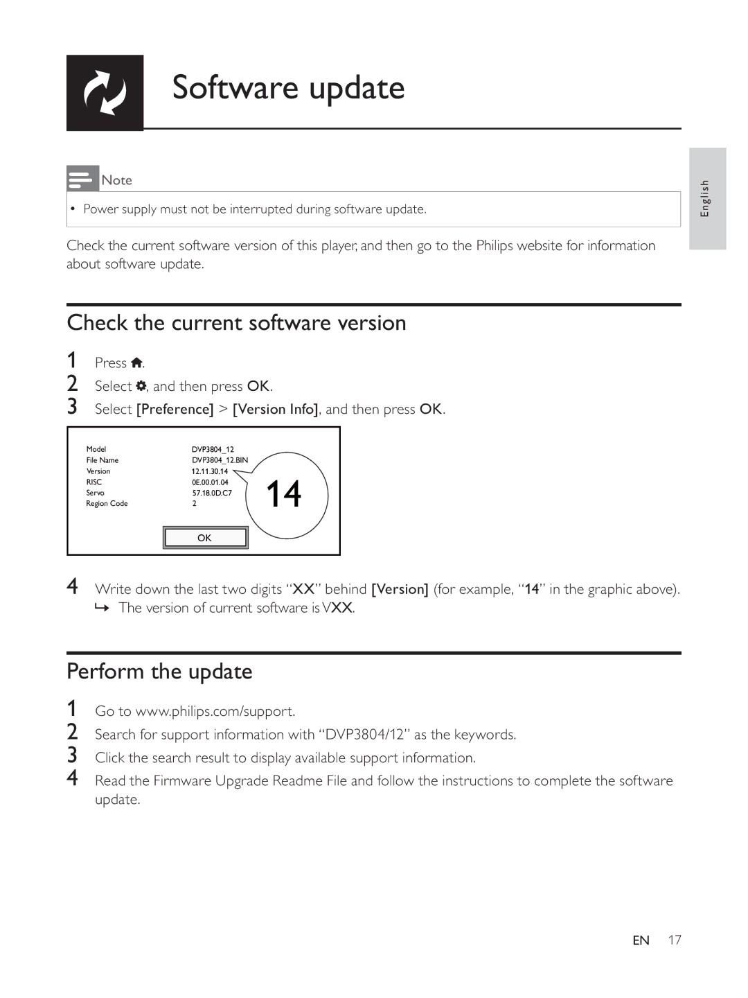 Philips DVP3804 user manual Software update, Check the current software version 