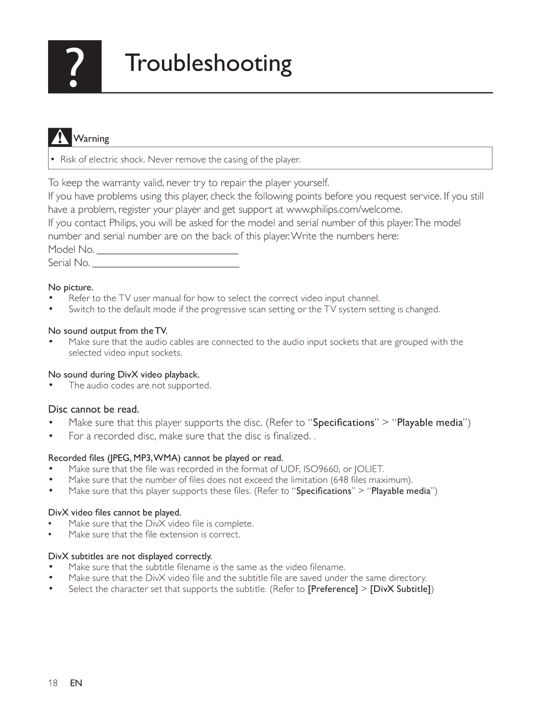 Philips DVP3804 user manual Troubleshooting, Model No Serial No 