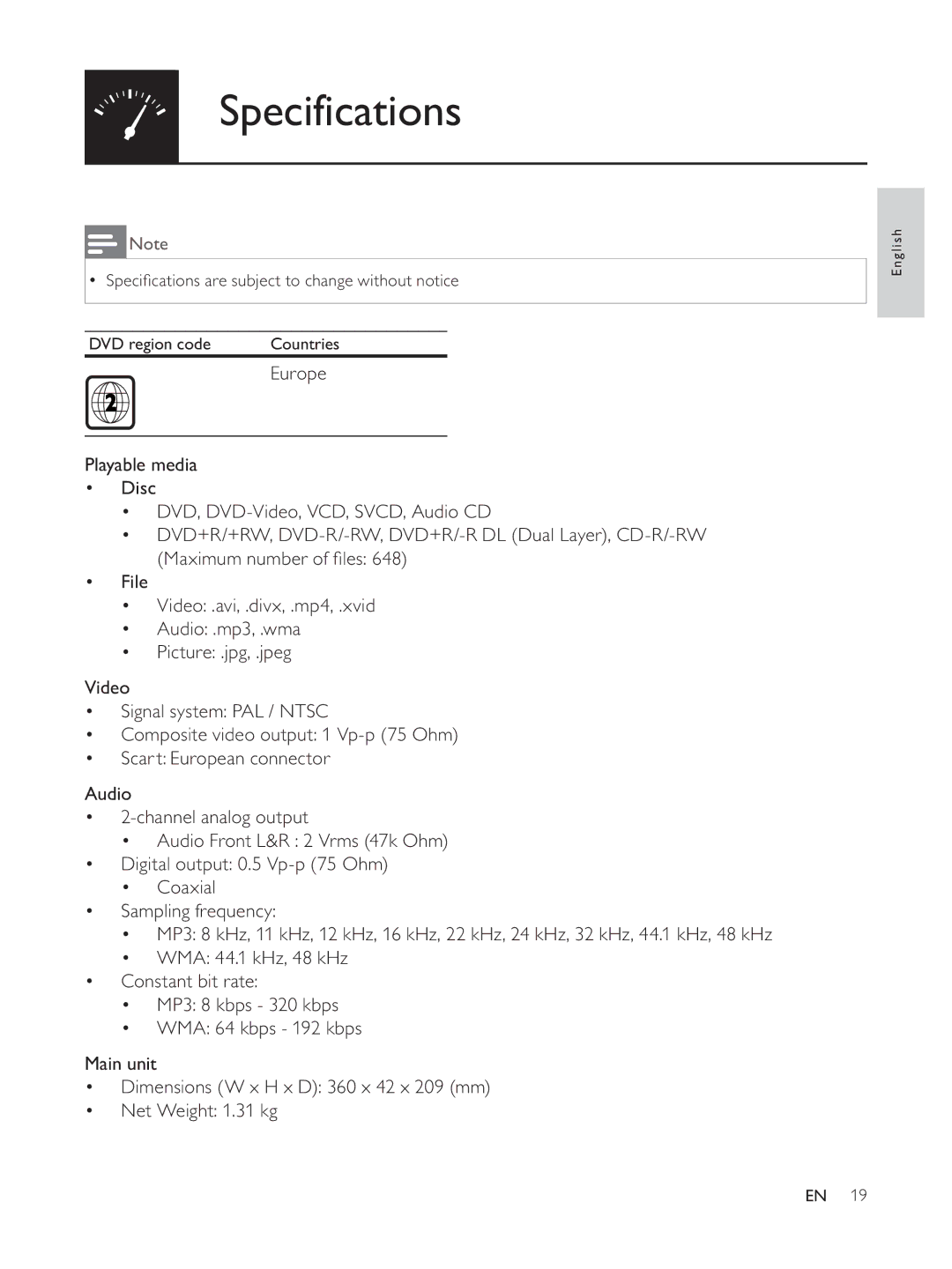 Philips DVP3804 user manual Specifications 