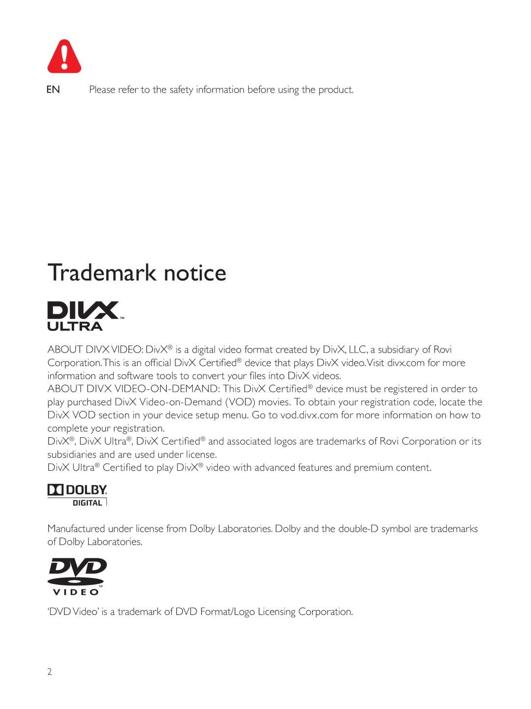 Philips DVP3804 user manual Trademark notice 