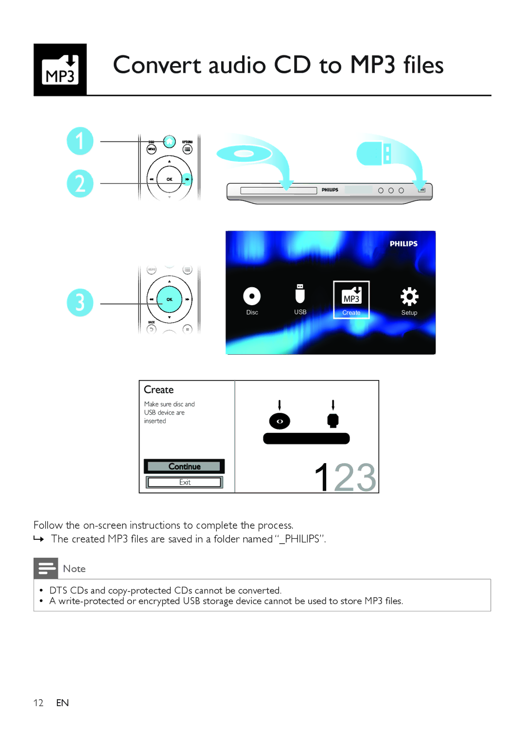 Philips DVP3820 user manual 123, Convert audio CD to MP3 files 