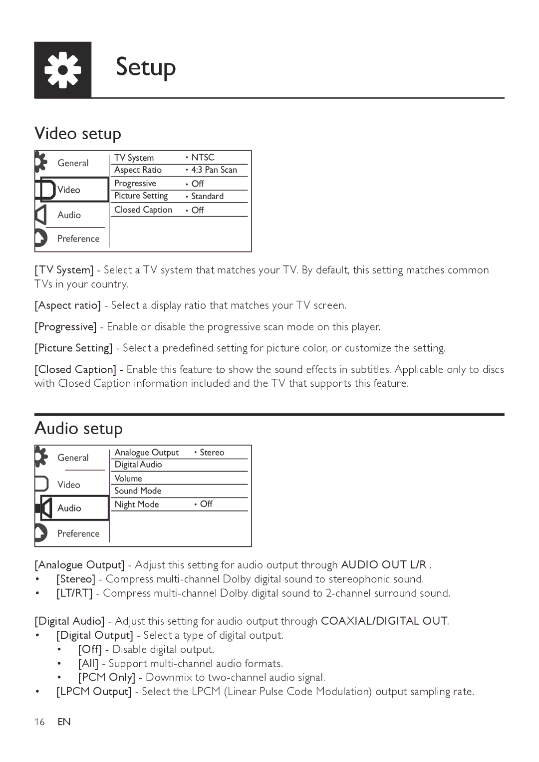 Philips DVP3820 user manual Video setup, Audio setup 