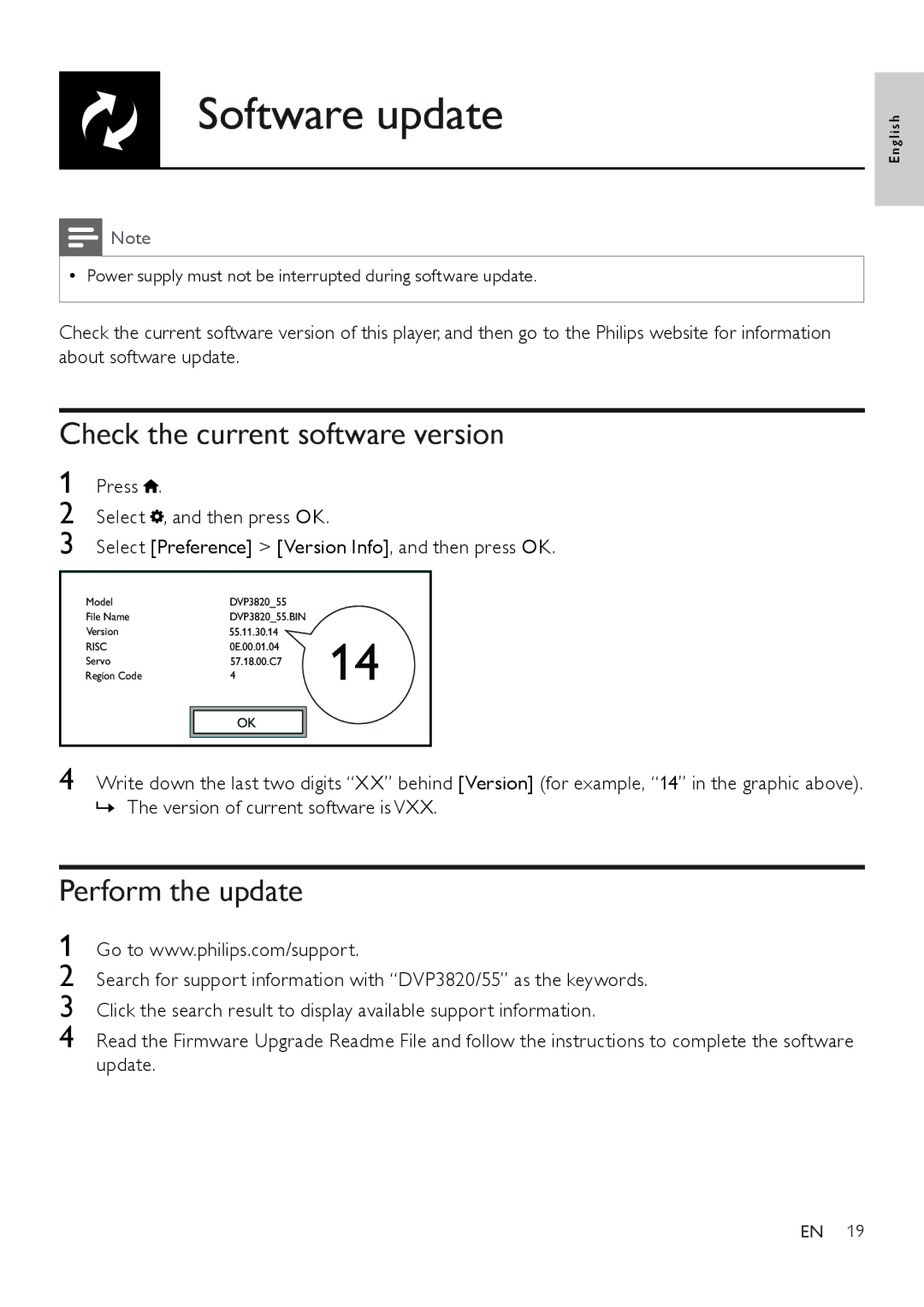 Philips DVP3820 user manual Software update, Check the current software version, Perform the update 