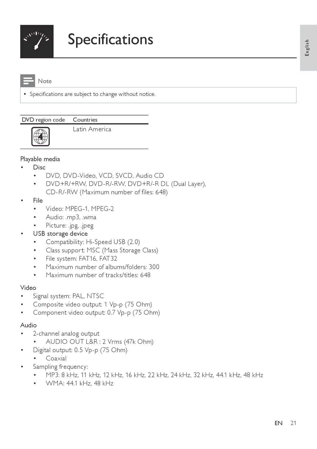 Philips DVP3820 user manual Specifications 