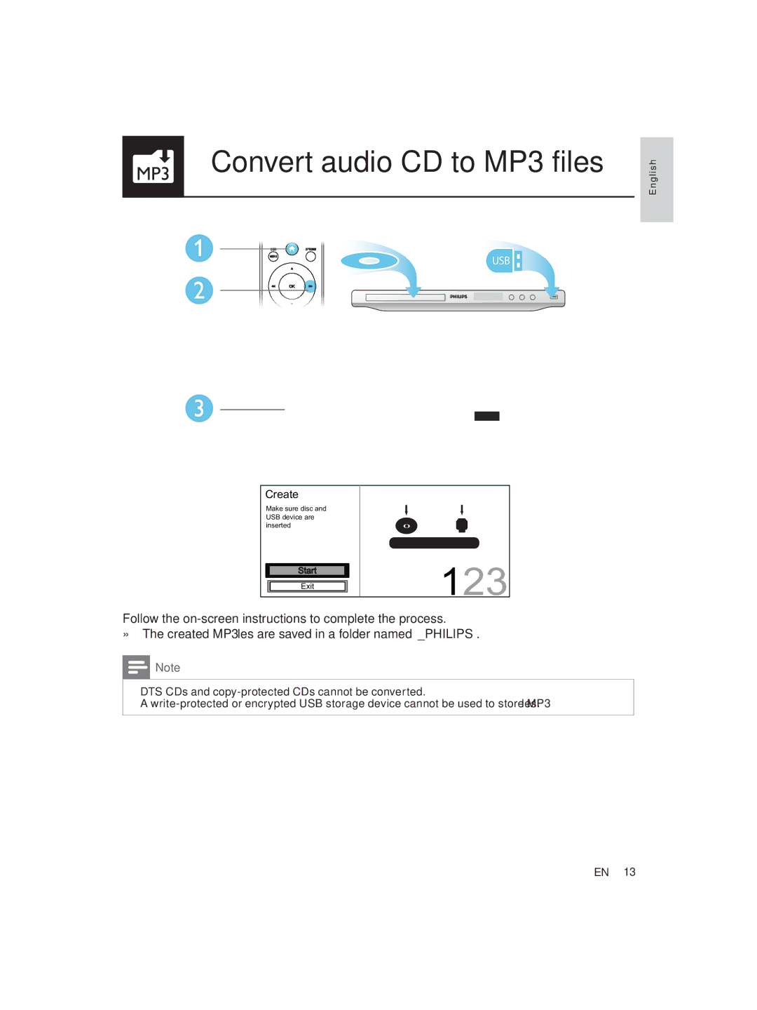 Philips DVP3850 user manual 123, MP3 Convert audio CD to MP3 files 