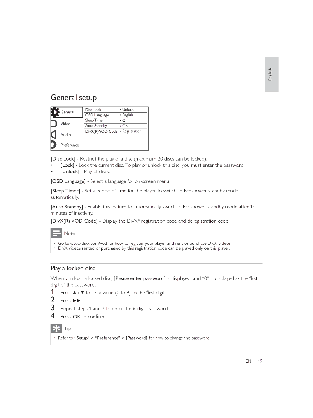 Philips DVP3850 user manual General setup, Play a locked disc 