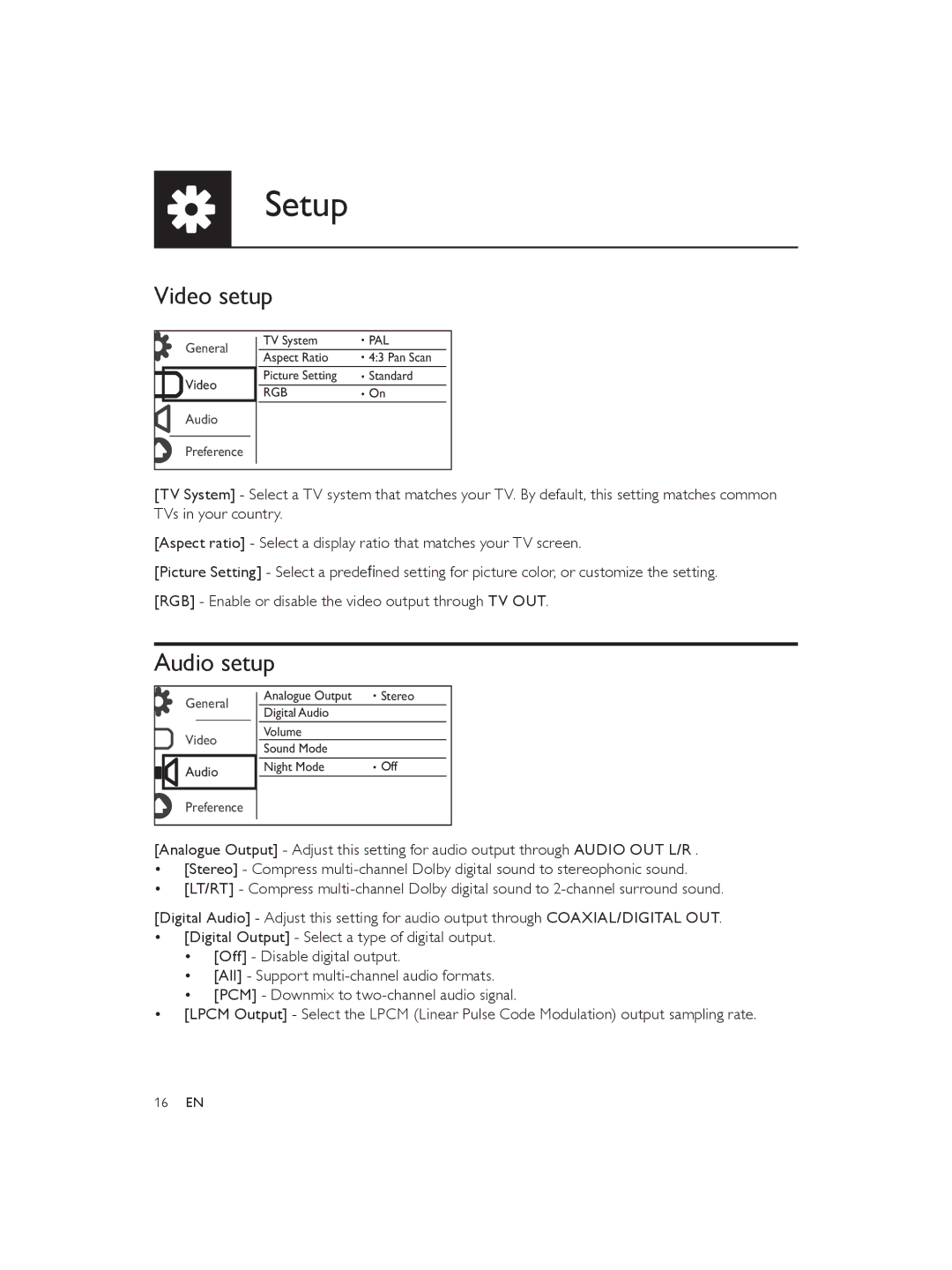 Philips DVP3850 user manual Video setup, Audio setup 