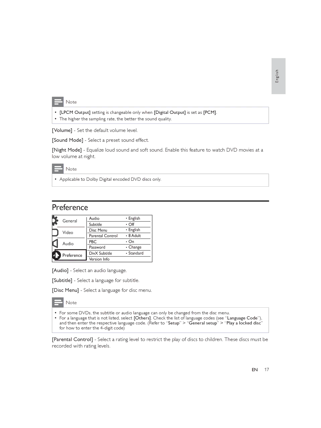 Philips DVP3850 user manual Preference 