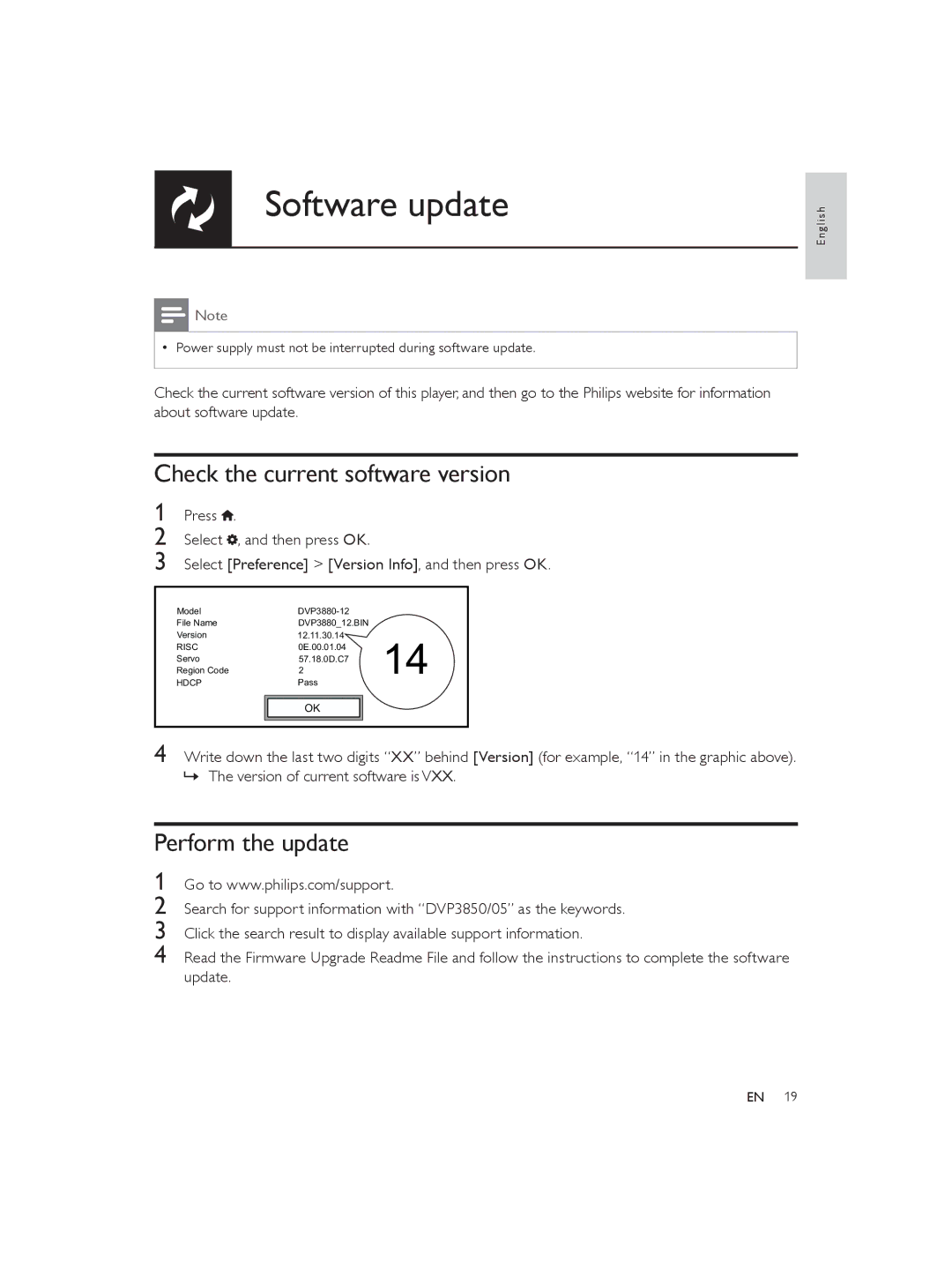 Philips DVP3850 user manual Software update, Check the current software version, Perform the update 