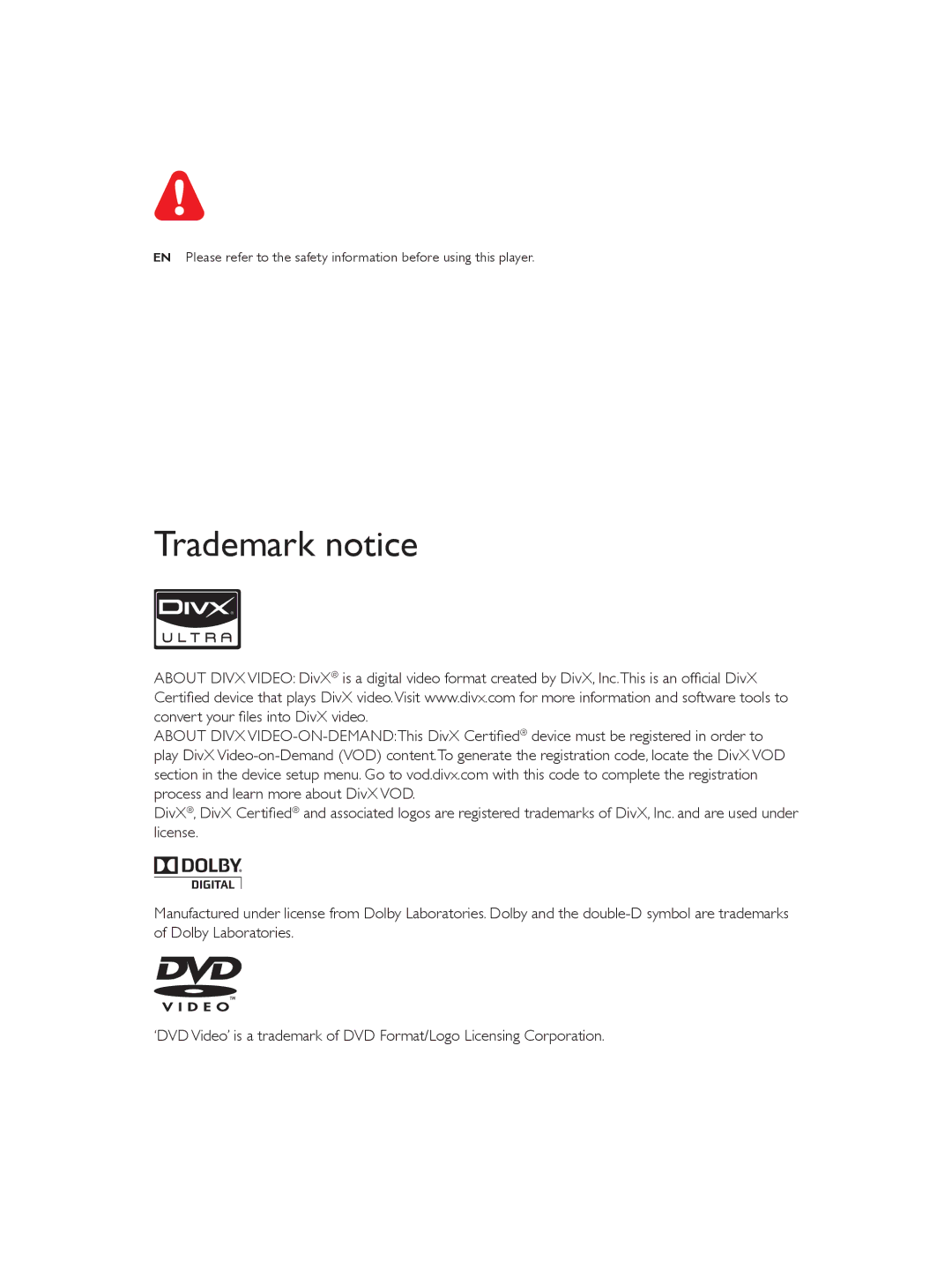 Philips DVP3850 user manual Trademark notice 