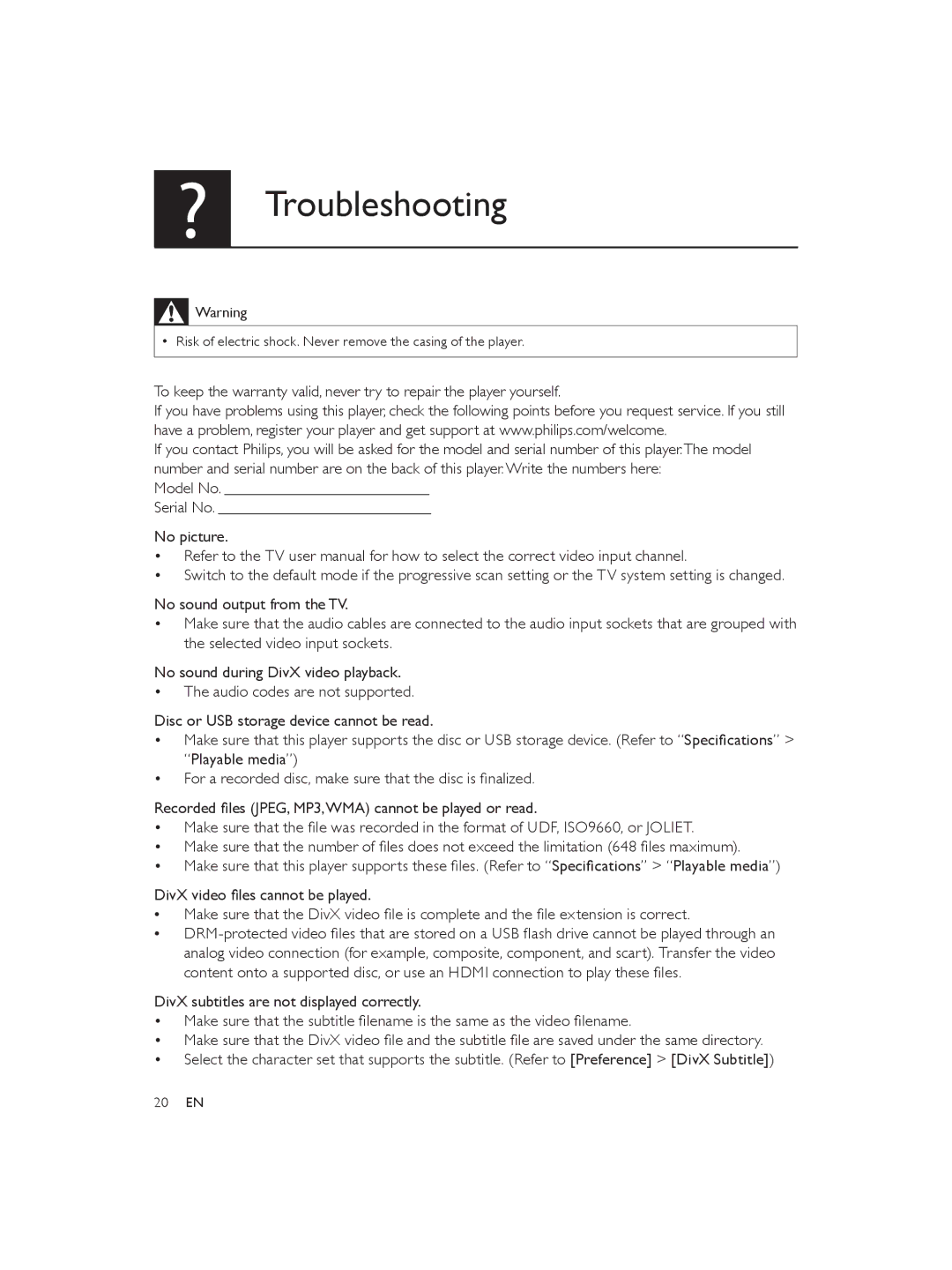 Philips DVP3850 user manual Troubleshooting 