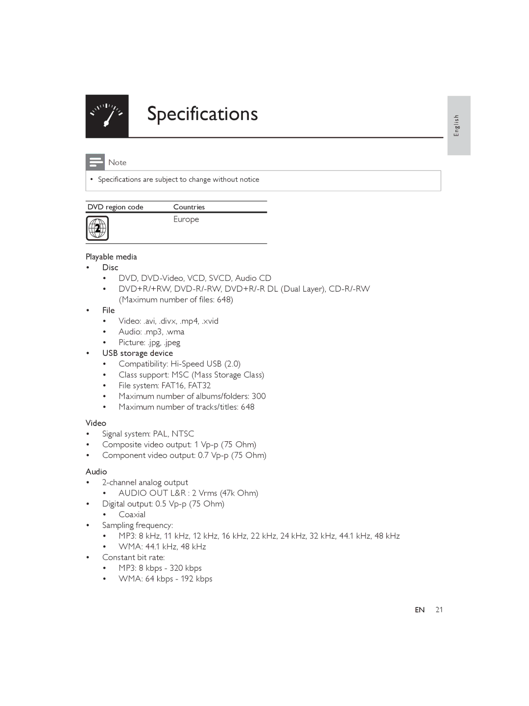 Philips DVP3850 user manual Specifications 