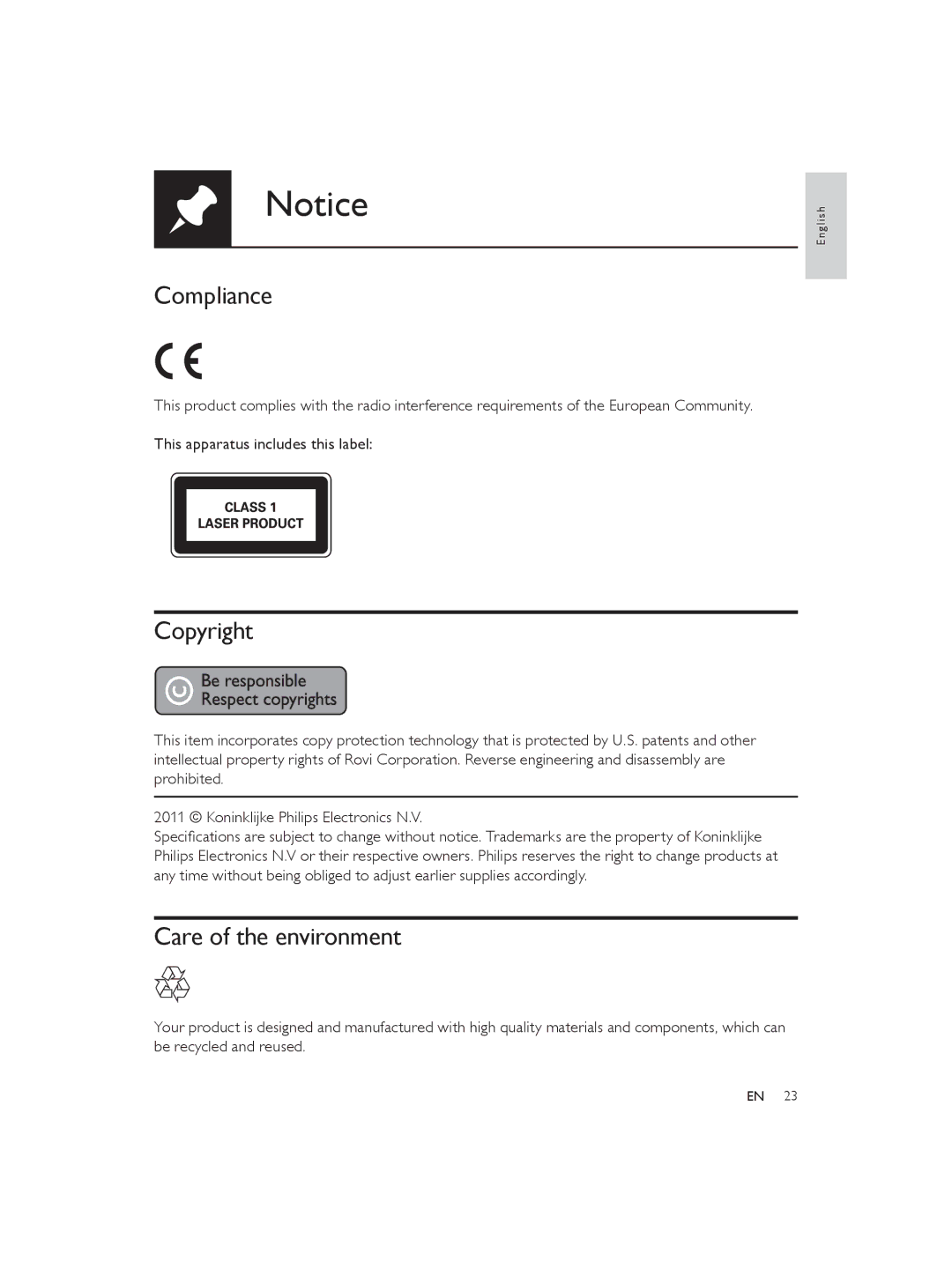 Philips DVP3850 user manual Compliance, Copyright, Care of the environment 