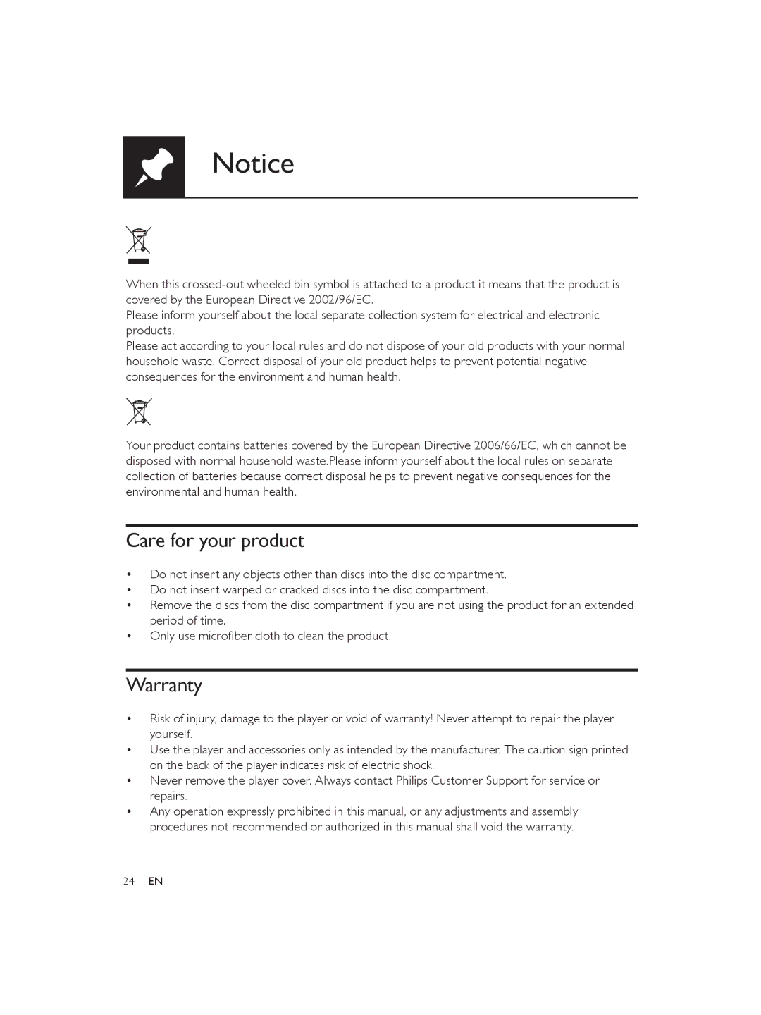 Philips DVP3850 user manual Care for your product, Warranty 