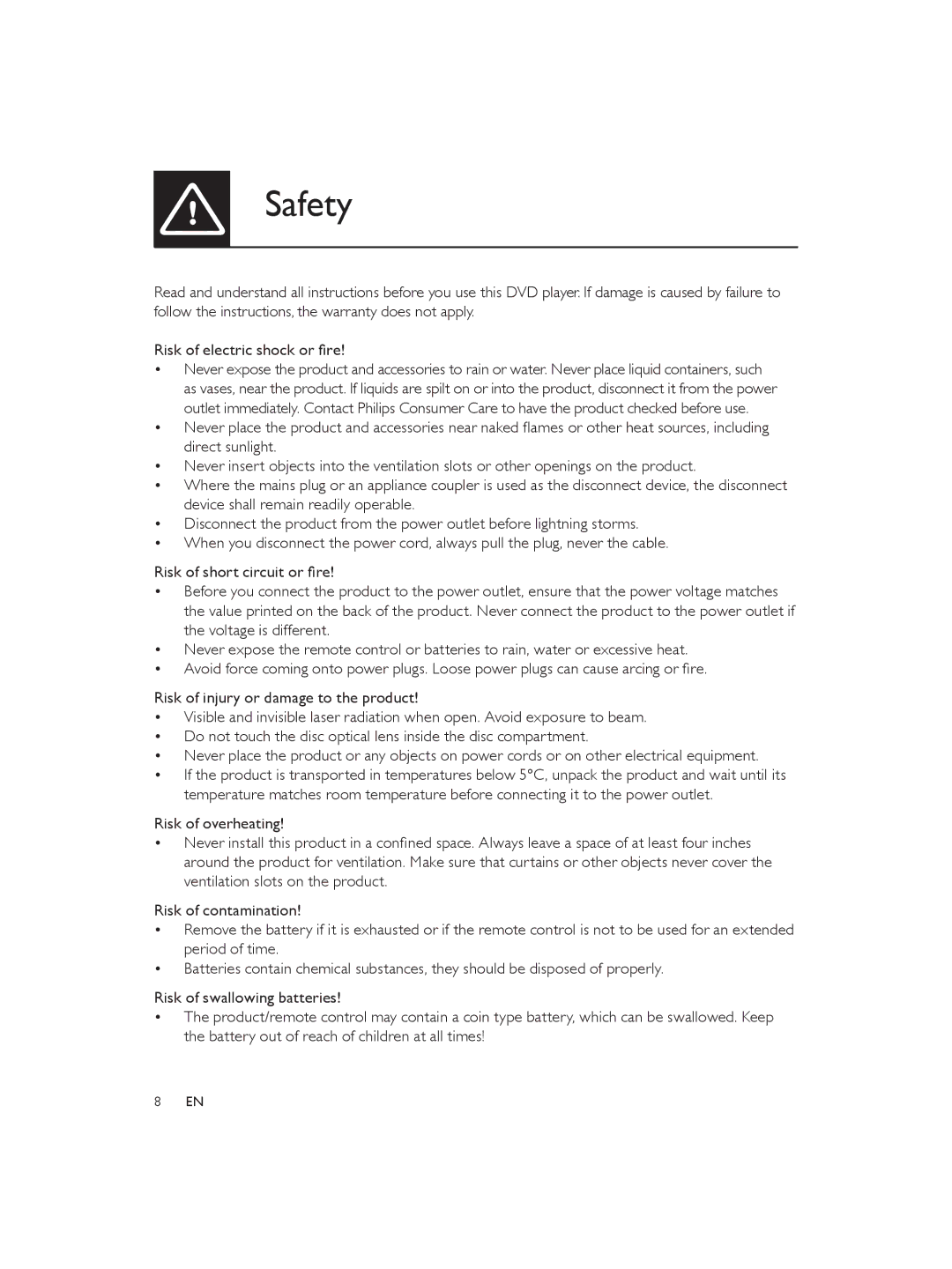 Philips DVP3850 user manual Safety 