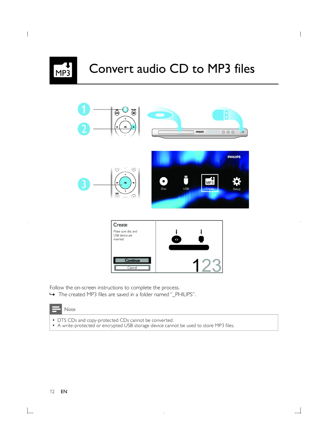 Philips DVP3850G user manual 123, MP3 Convert audio CD to MP3 files 