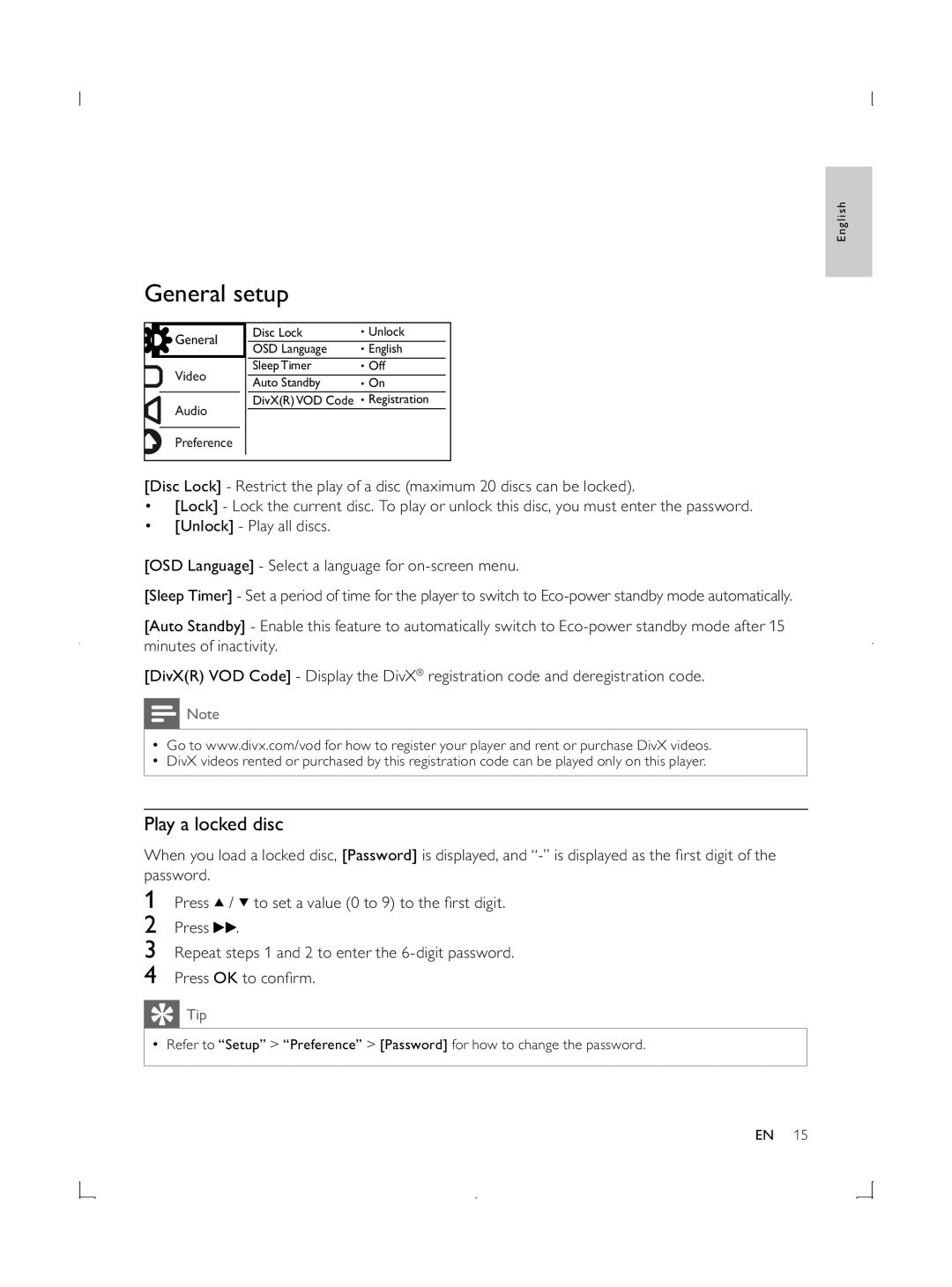 Philips DVP3850G user manual General setup, Play a locked disc 