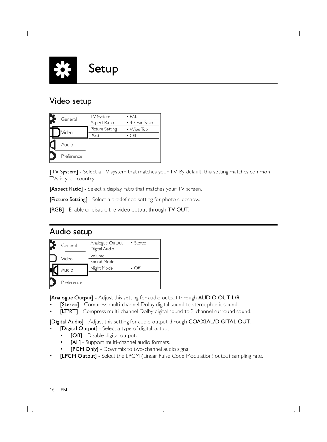 Philips DVP3850G user manual Video setup, Audio setup 