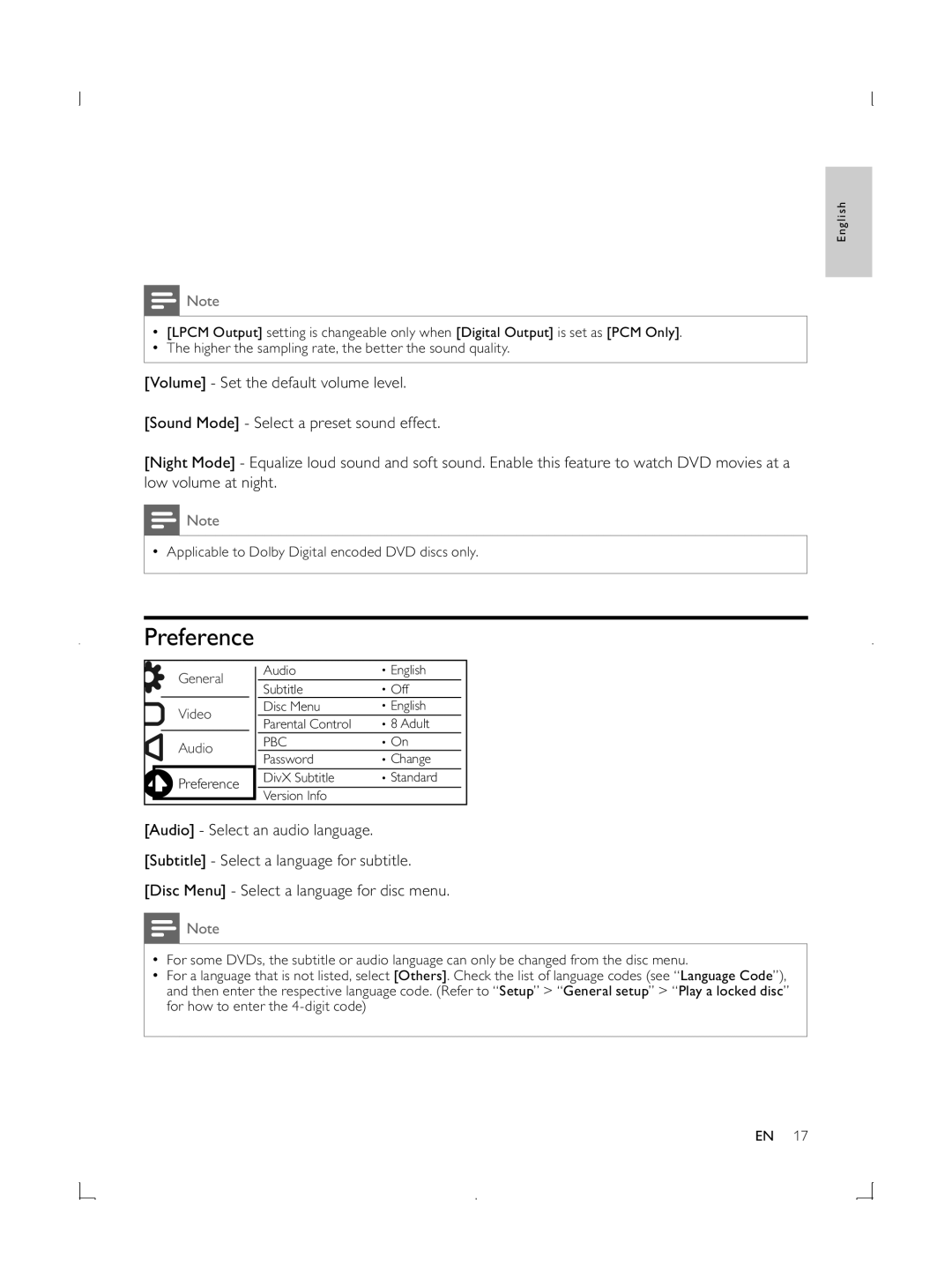 Philips DVP3850G user manual Preference 