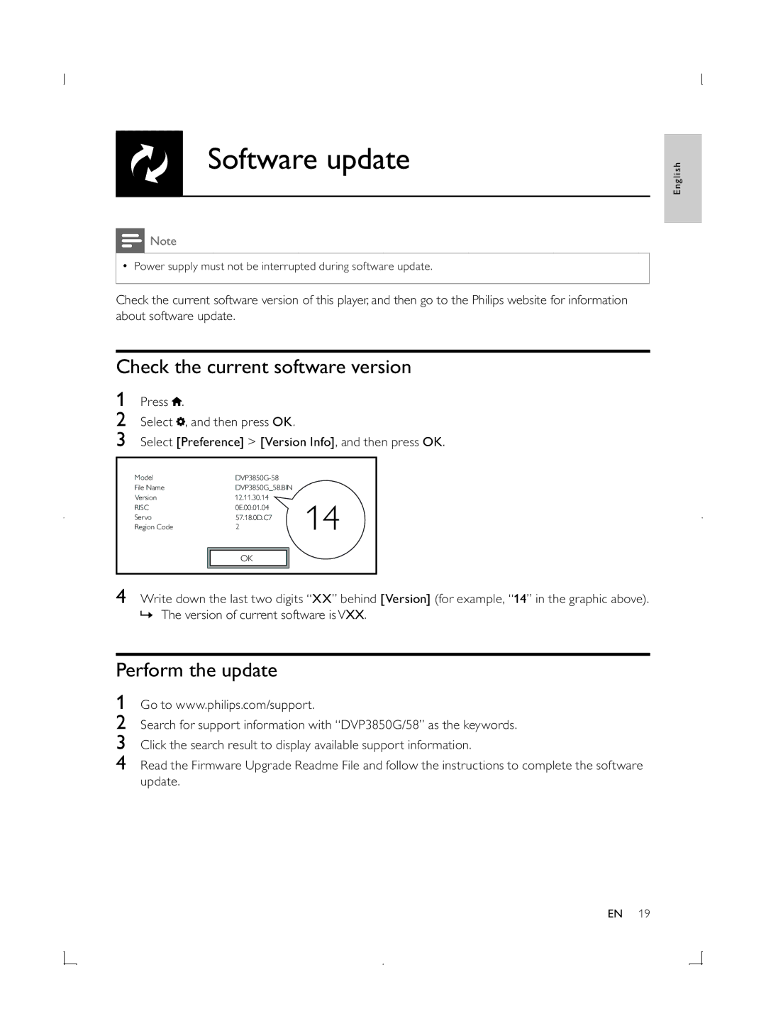 Philips DVP3850G user manual Software update, Check the current software version, Perform the update 