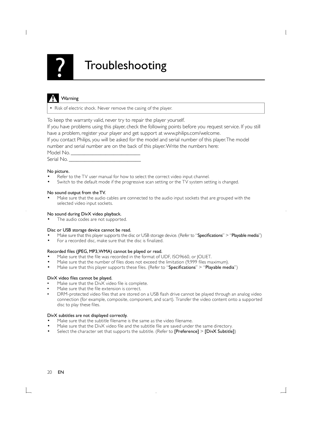 Philips DVP3850G user manual Troubleshooting 