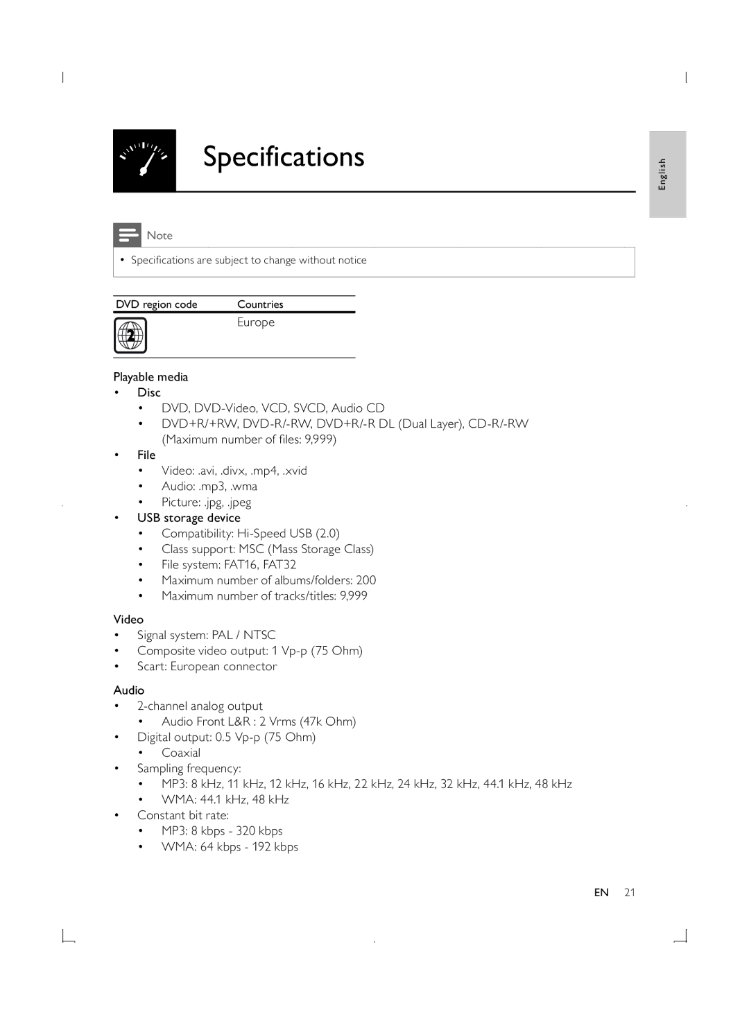 Philips DVP3850G user manual Specifications 