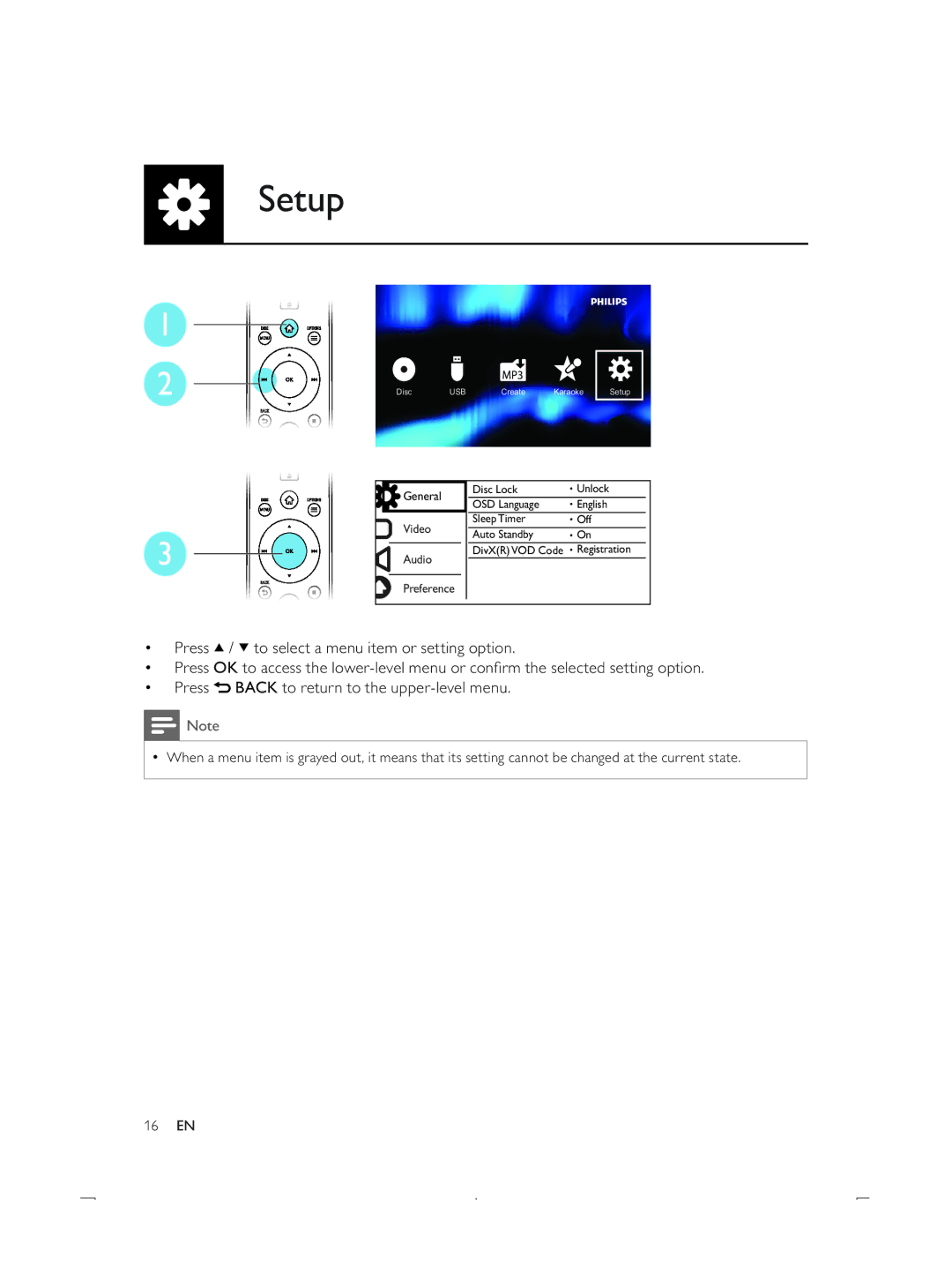 Philips DVP3850K user manual Setup 