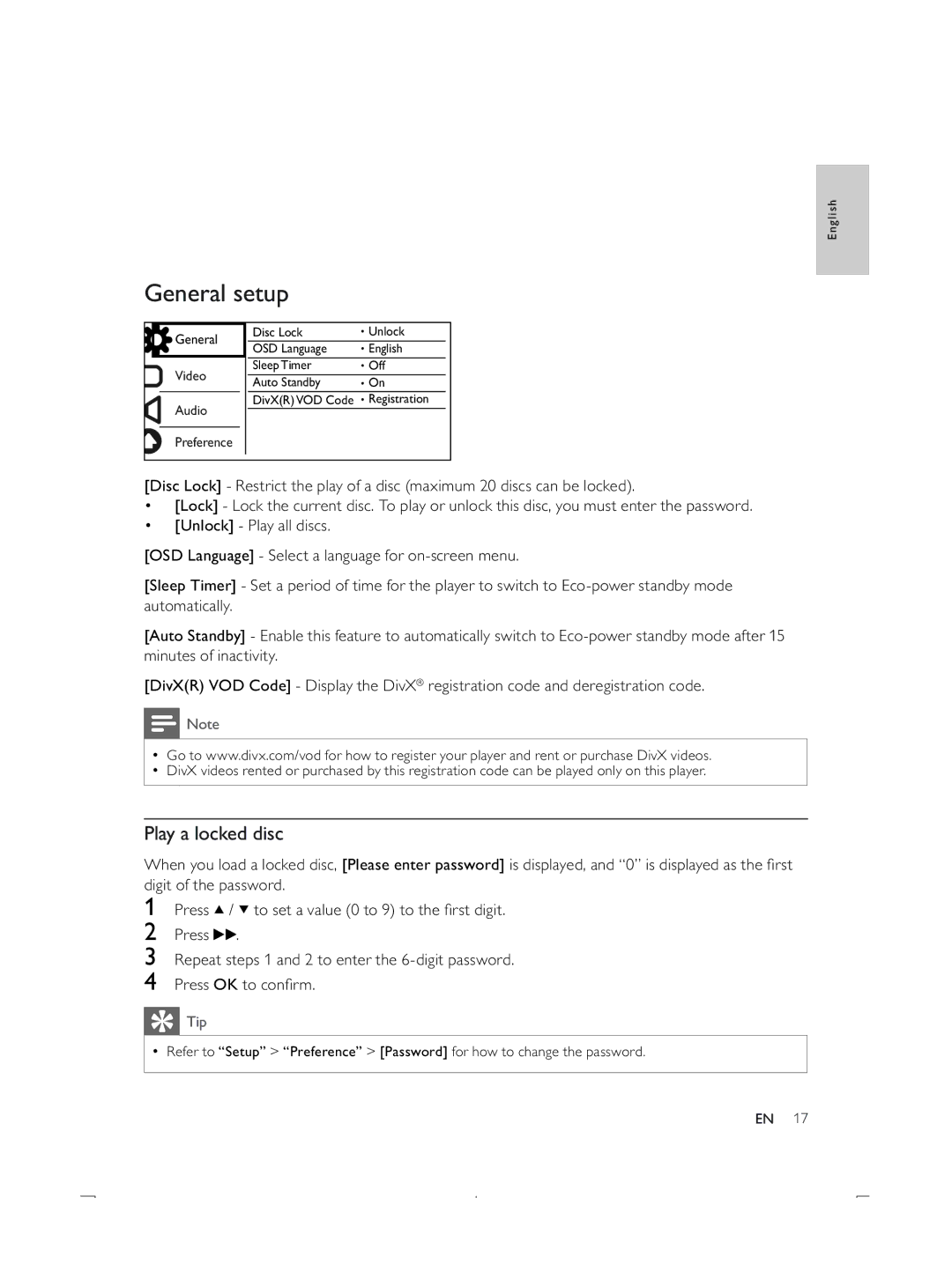 Philips DVP3850K user manual General setup, Play a locked disc 