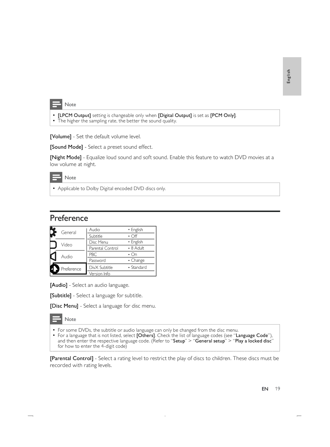 Philips DVP3850K user manual Preference 