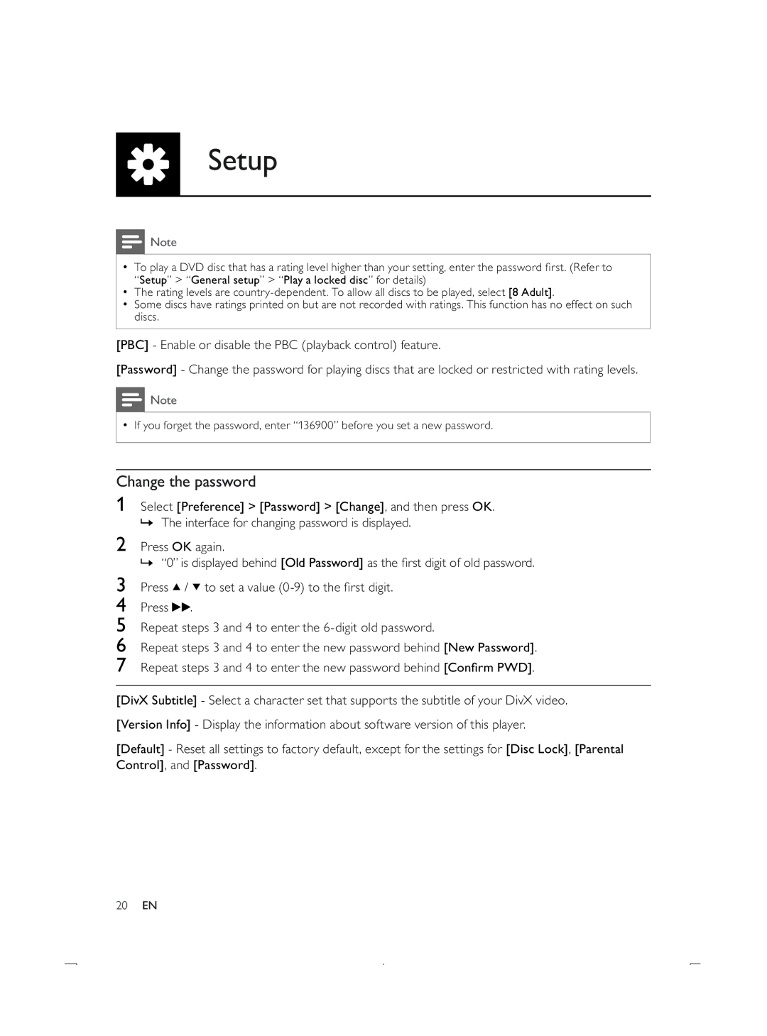 Philips DVP3850K user manual Change the password 