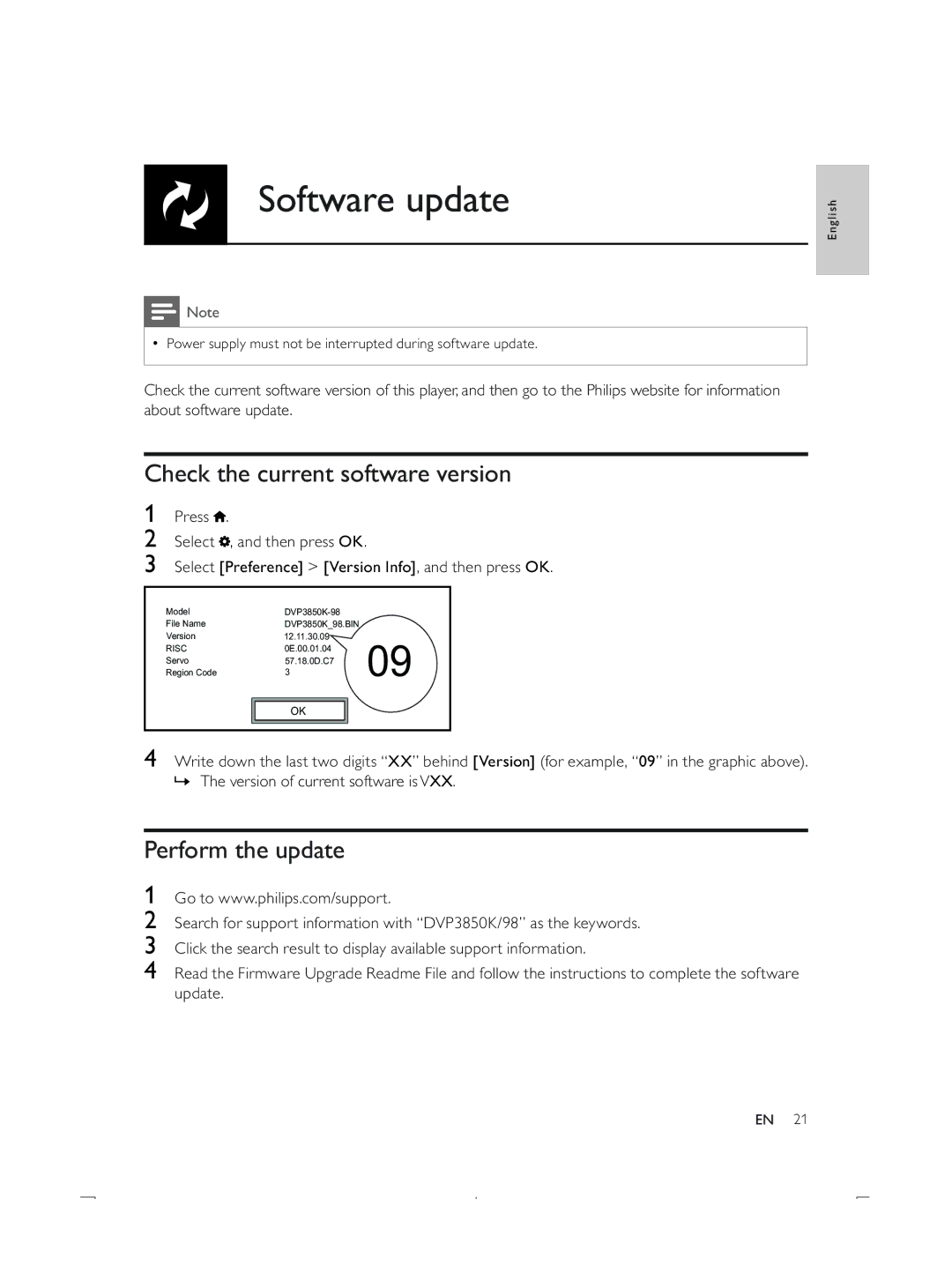 Philips DVP3850K user manual Software update, Check the current software version, Perform the update 