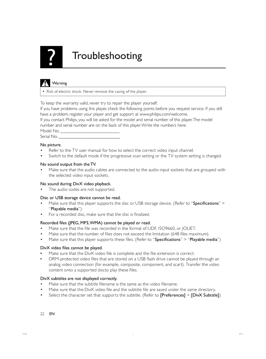 Philips DVP3850K user manual Troubleshooting 