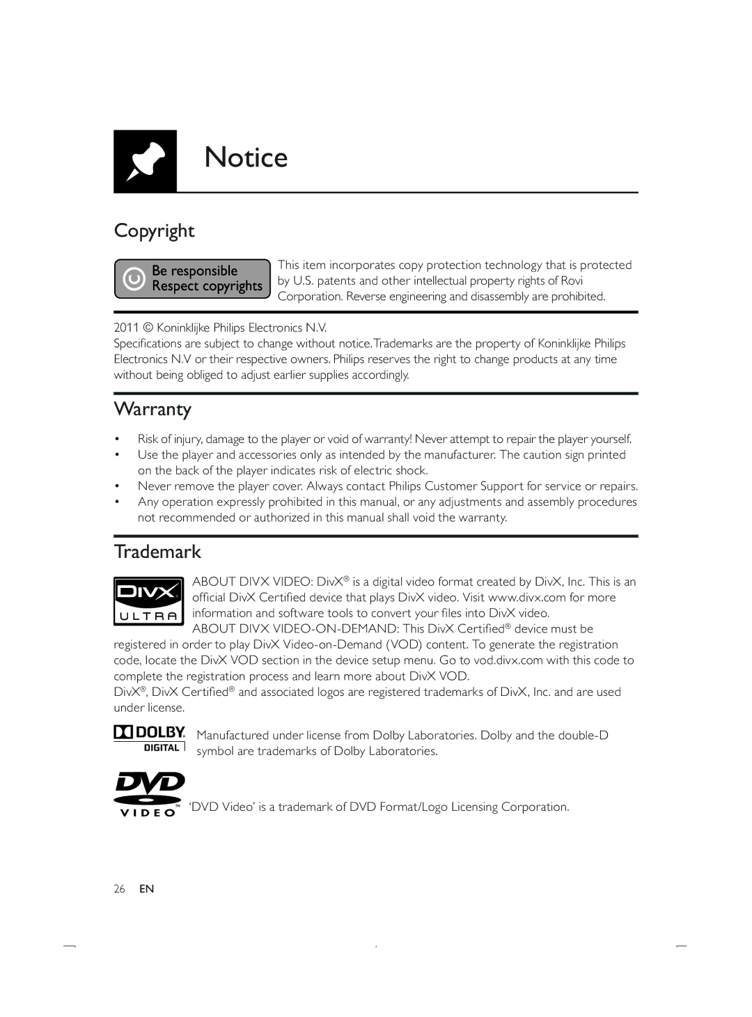 Philips DVP3850K user manual Copyright, Warranty, Trademark 